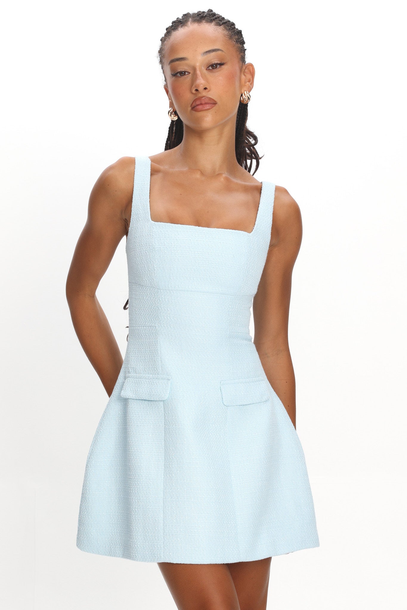 Melodic Faux Pocket Tweed Mini Dress Blue– Selfie Leslie