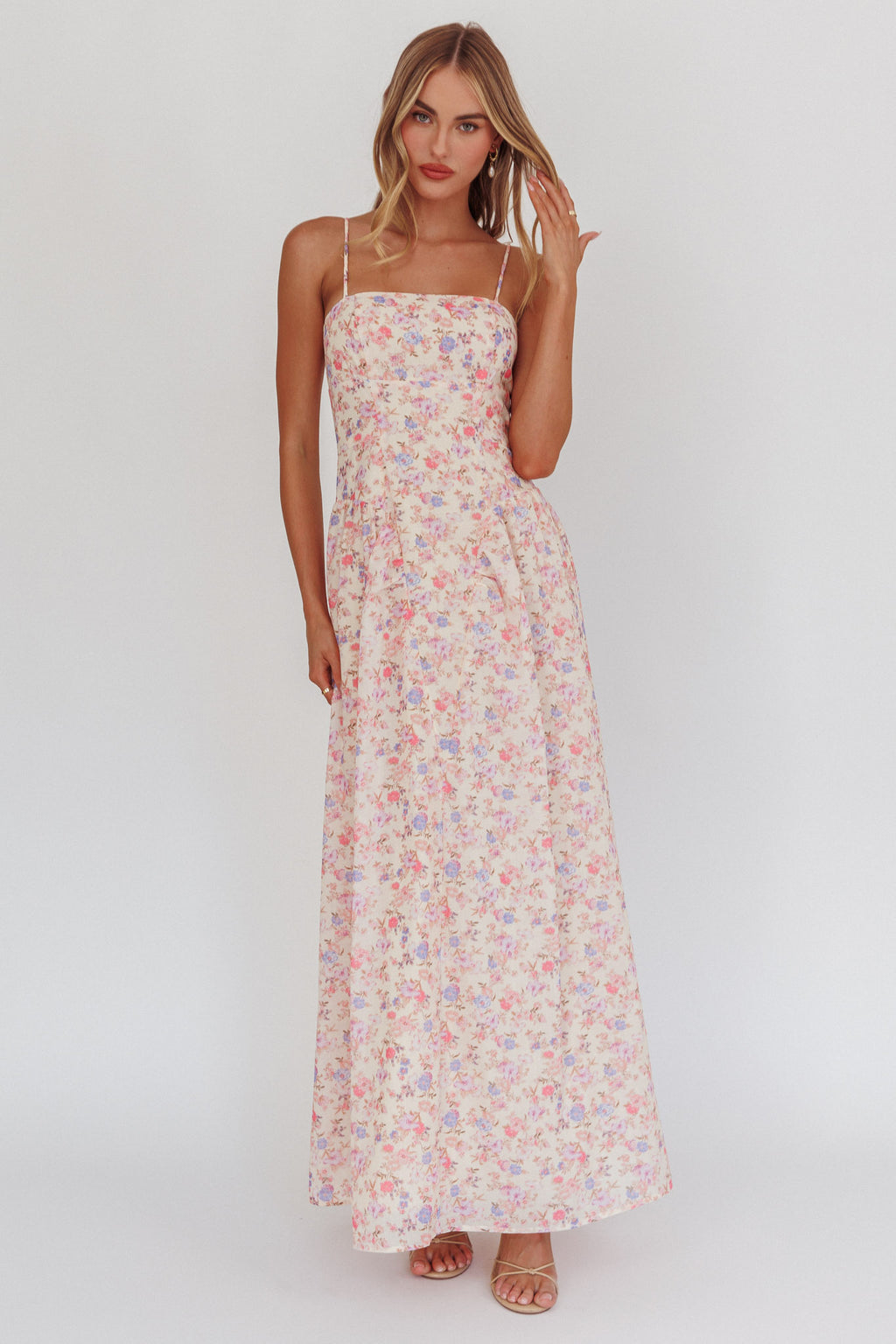Daisy Day Basque Waist Maxi Dress Floral Blue by Selfie Leslie