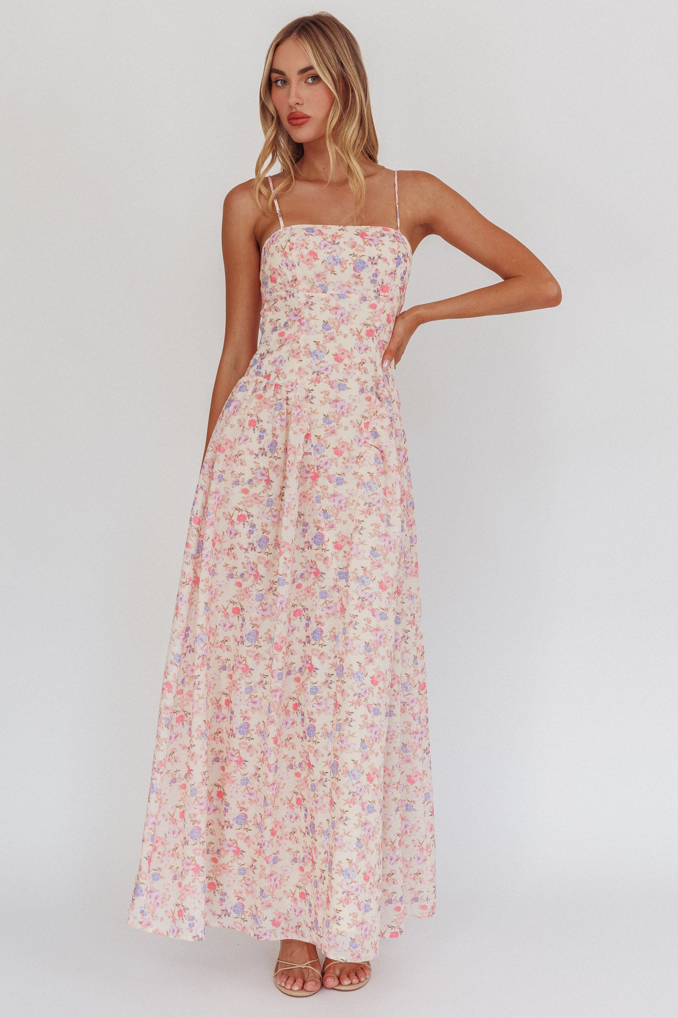Daisy Day Basque Waist Maxi Dress Floral Blue by Selfie Leslie
