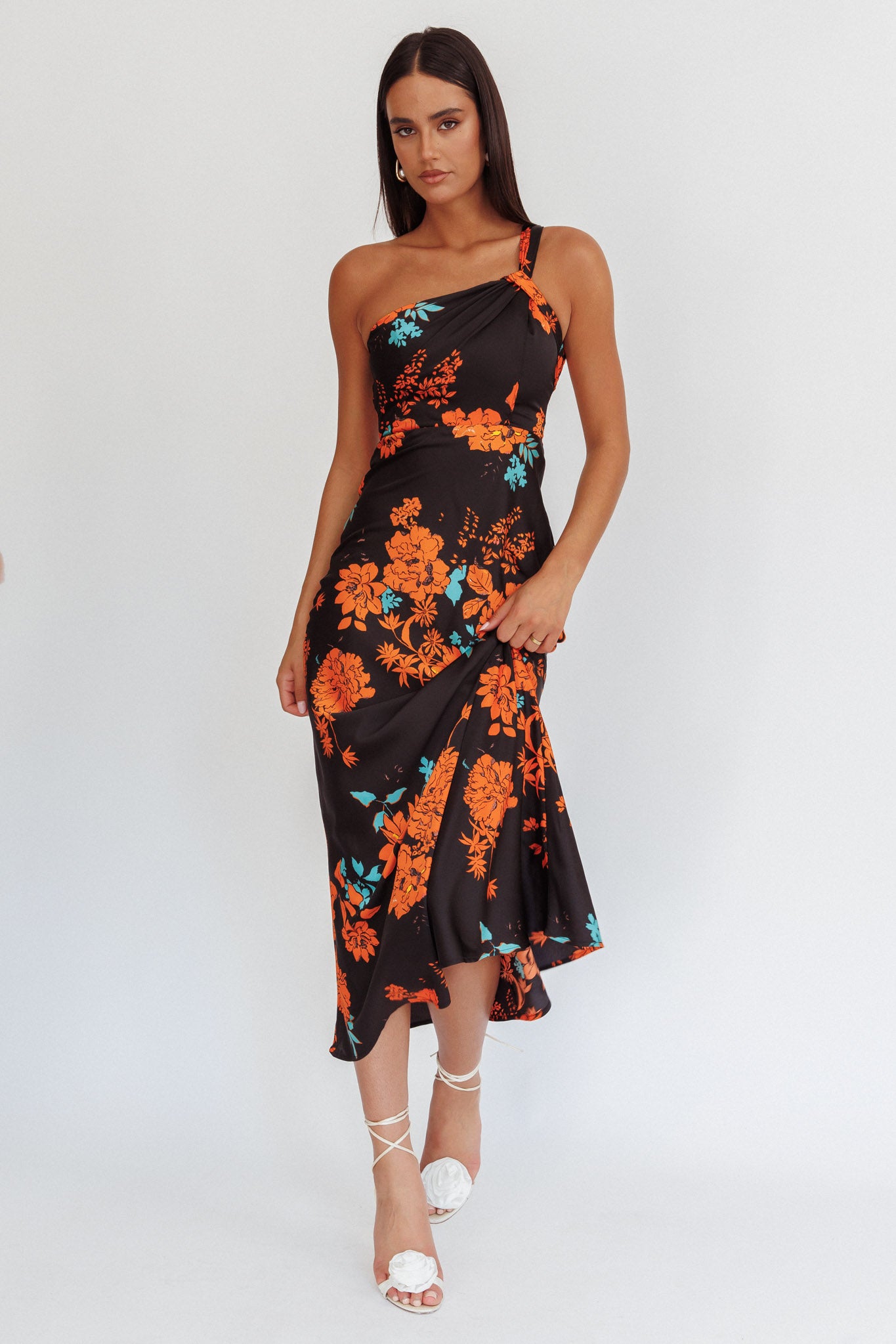 Fly Love Satin One Shoulder Maxi Dress Floral Black by Selfie Leslie