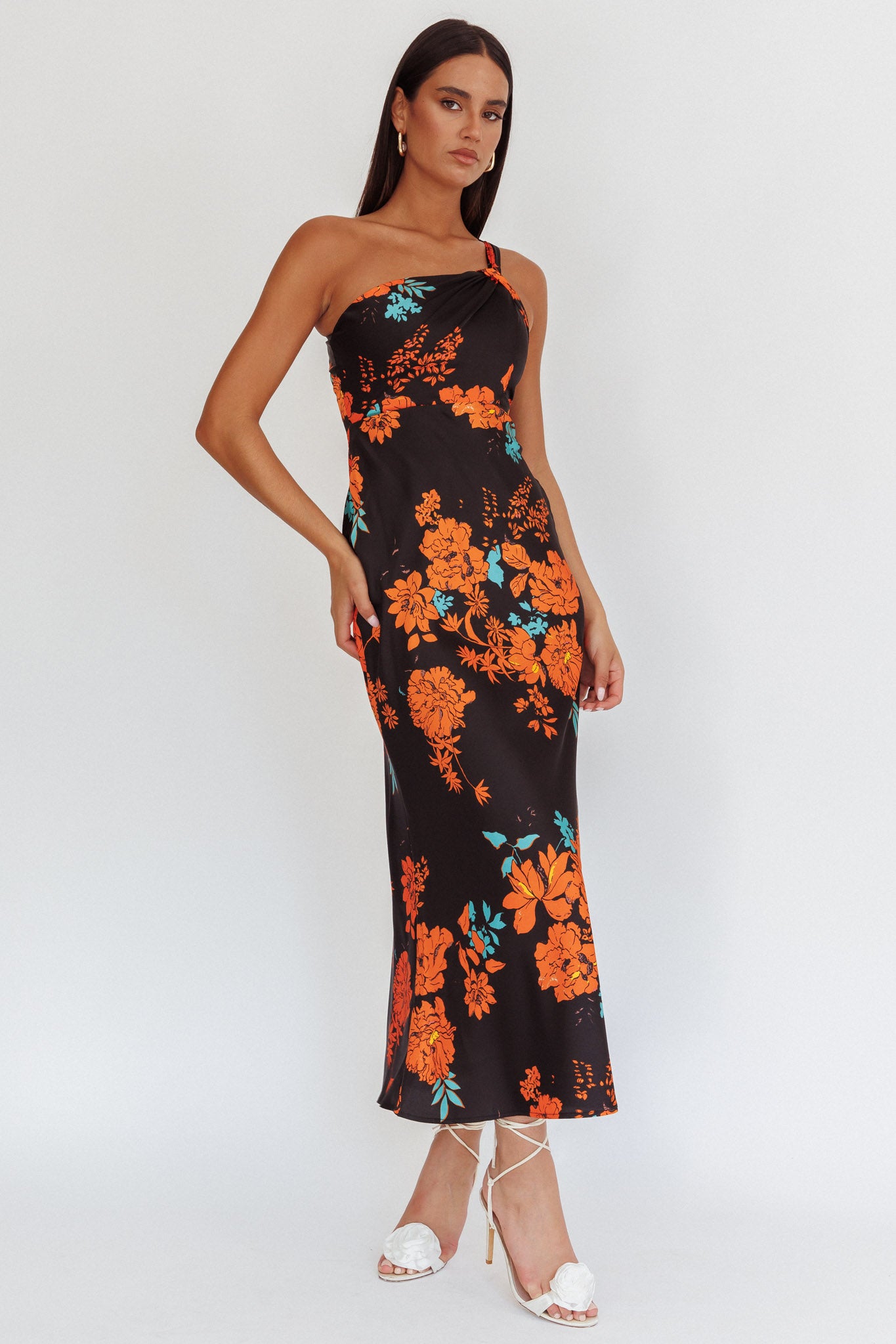 Fly Love Satin One Shoulder Maxi Dress Floral Black by Selfie Leslie