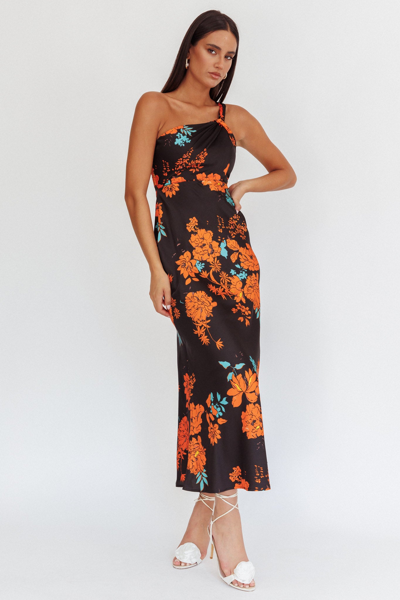 Fly Love Satin One Shoulder Maxi Dress Floral Black by Selfie Leslie