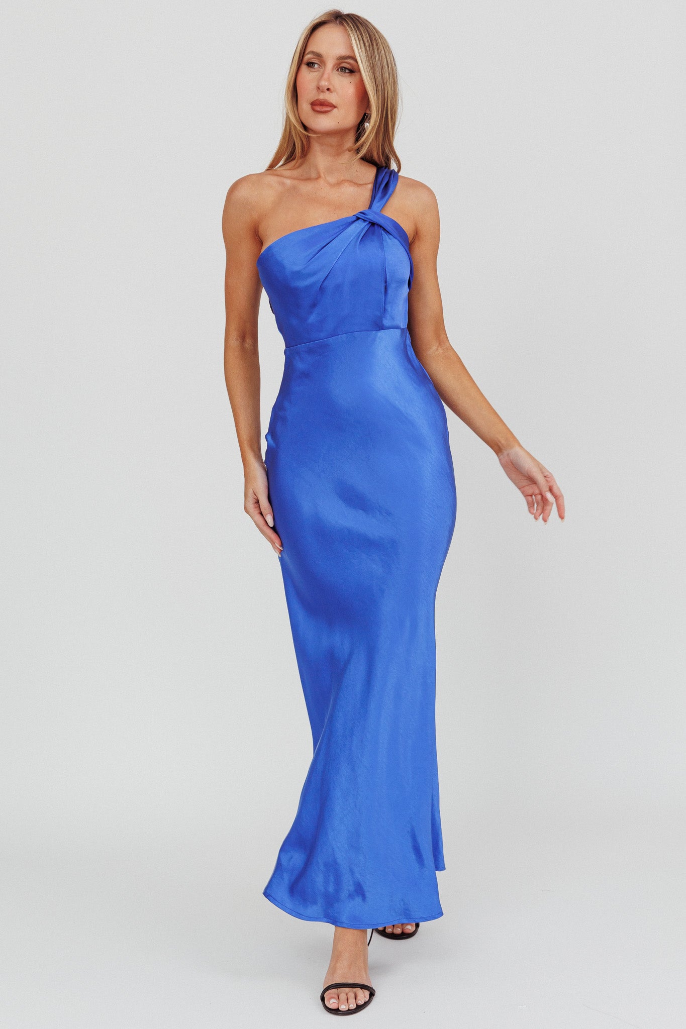 Fly Love Satin One Shoulder Maxi Dress Navy by Selfie Leslie