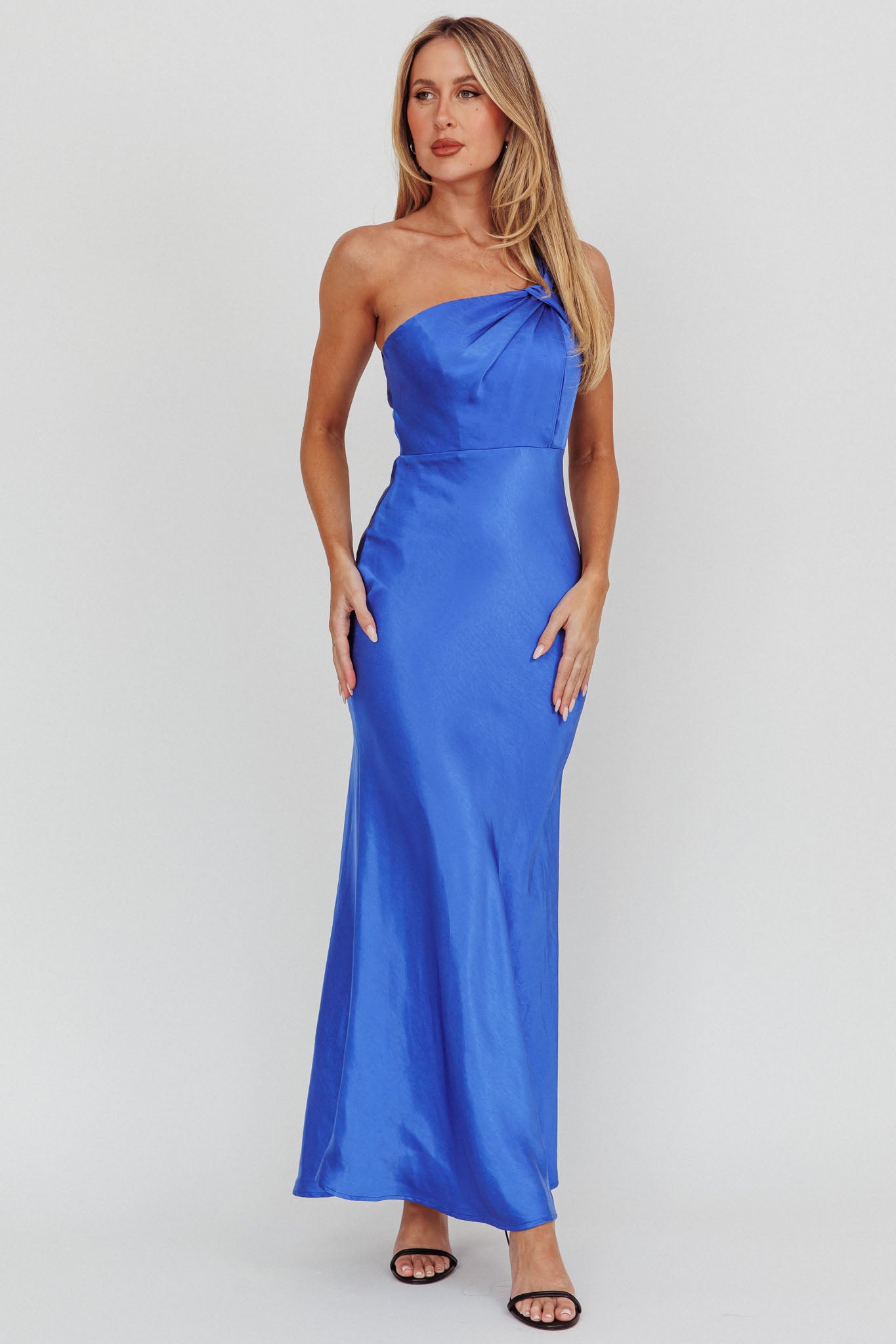 Fly Love Satin One Shoulder Maxi Dress Navy by Selfie Leslie
