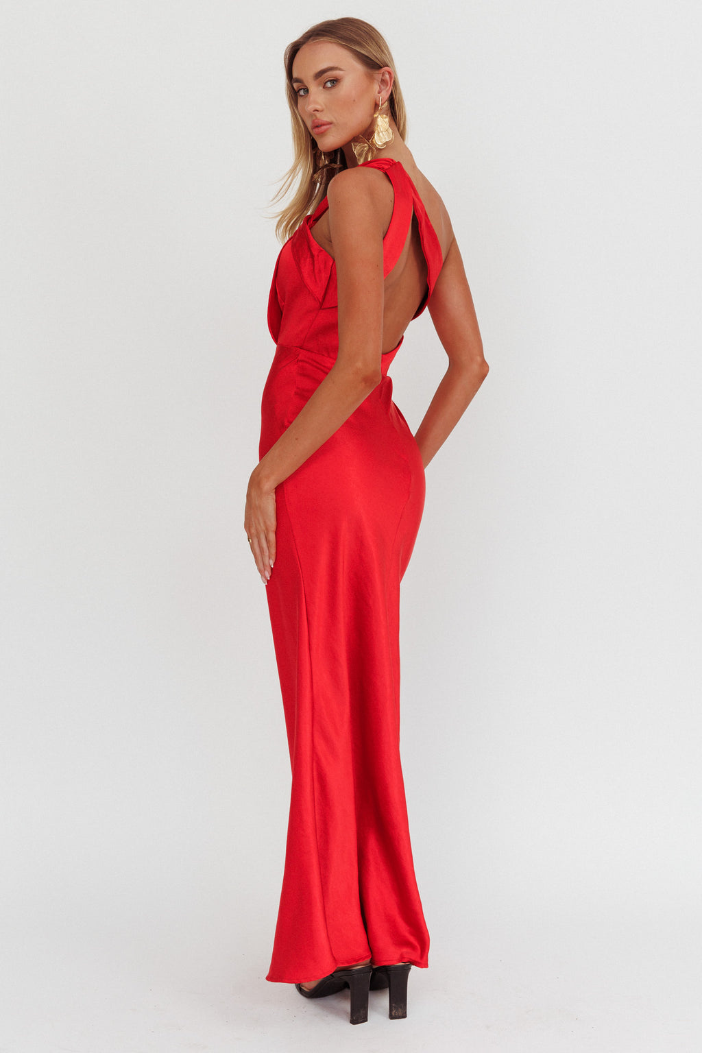 Fly Love Satin One Shoulder Maxi Dress Red by Selfie Leslie
