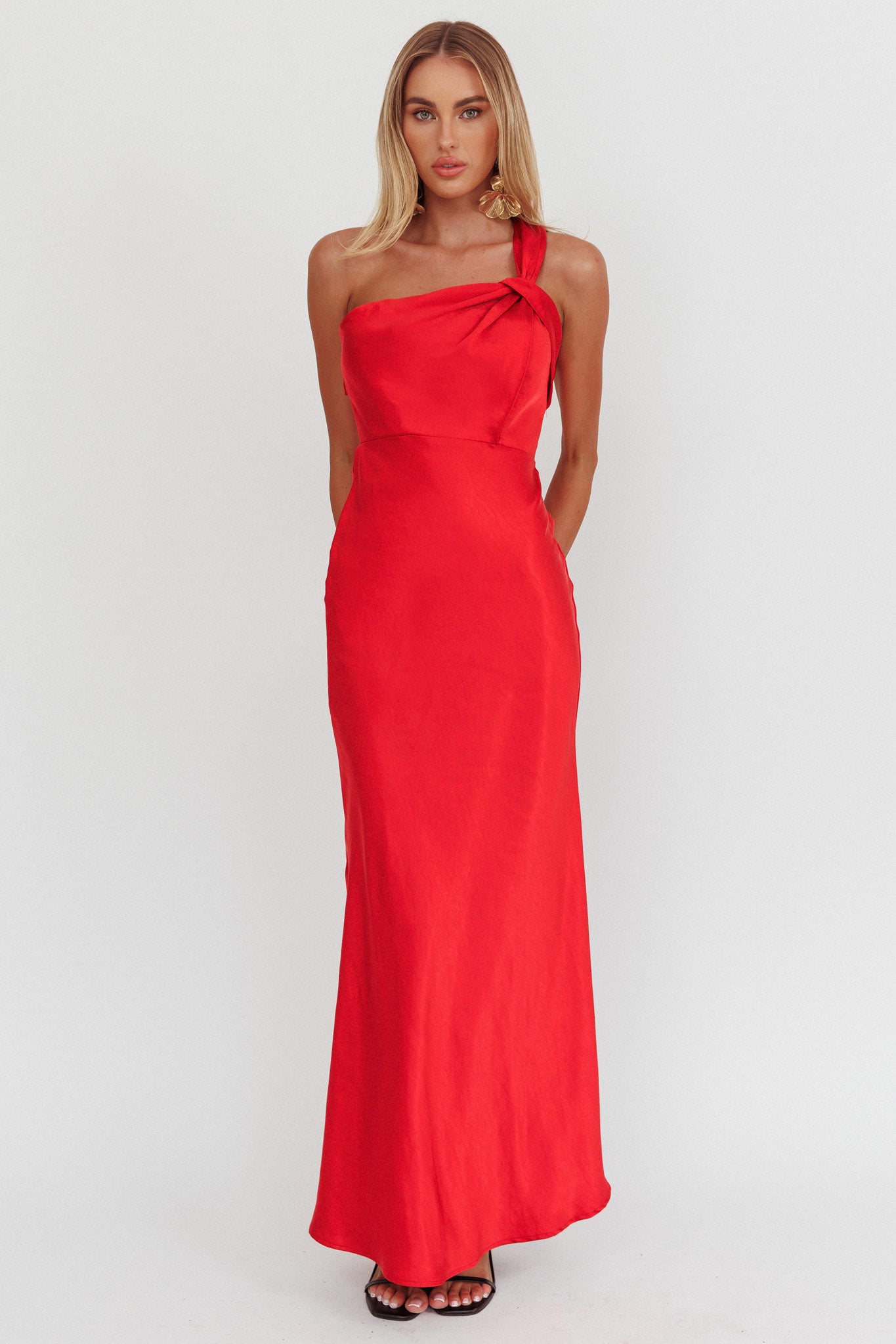 Fly Love Satin One Shoulder Maxi Dress Red by Selfie Leslie
