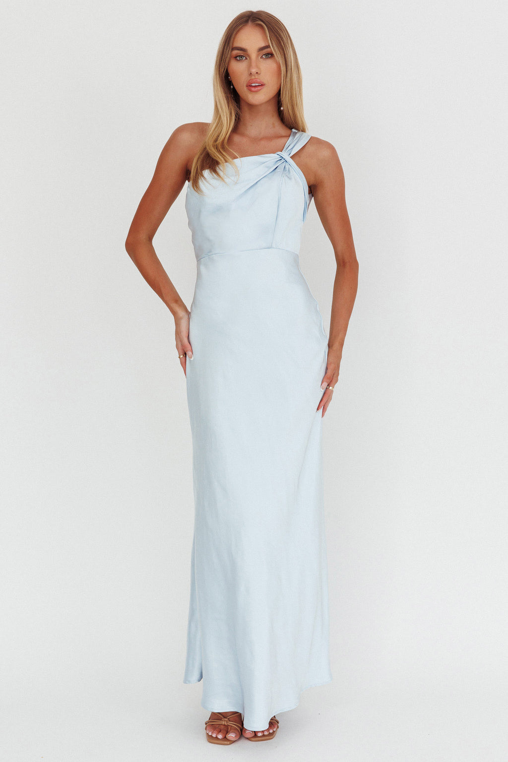Fly Love Satin One Shoulder Maxi Dress Sky Blue by Selfie Leslie