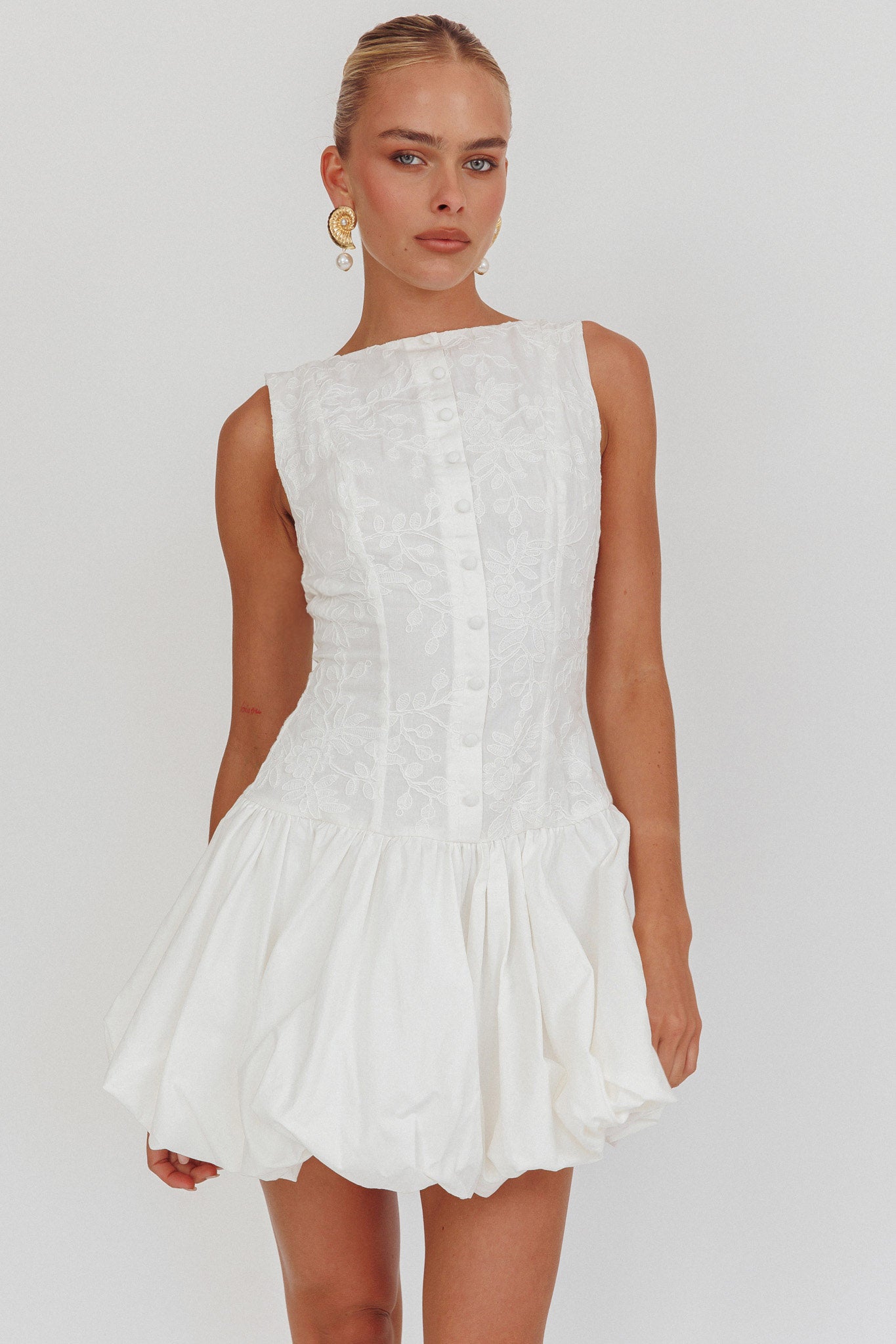 Opulent Sleeveless Bubble Hem Mini Dress Embroidered White by Selfie Leslie