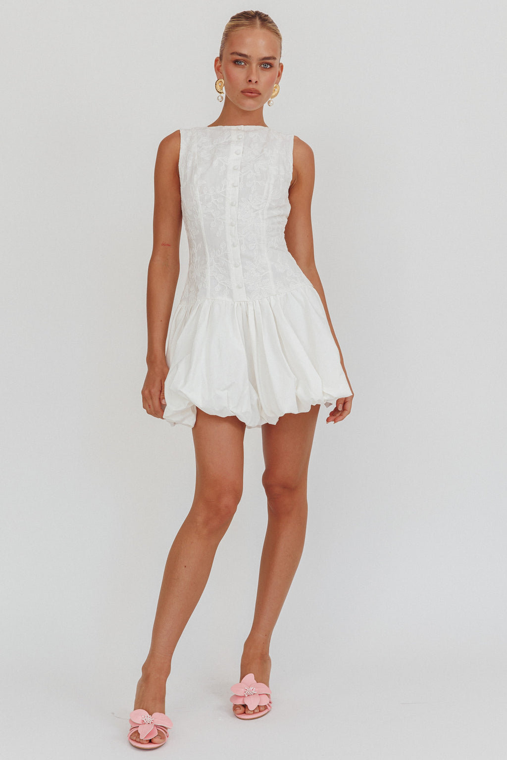 Opulent Sleeveless Bubble Hem Mini Dress Embroidered White by Selfie Leslie