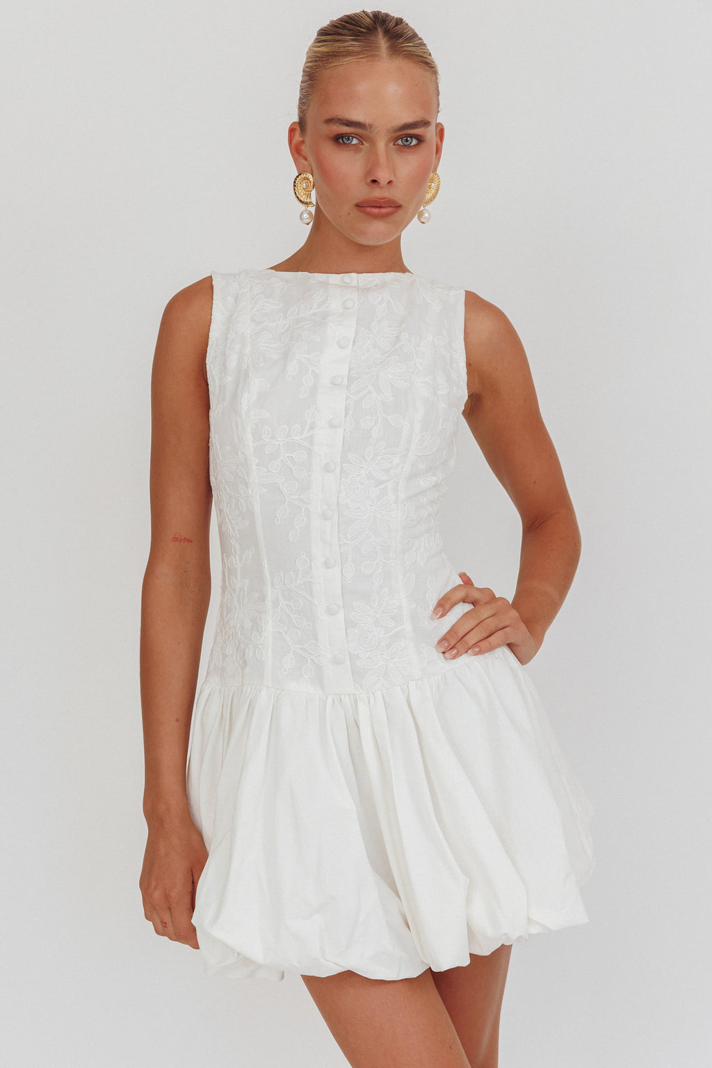 Opulent Sleeveless Bubble Hem Mini Dress Embroidered White by Selfie Leslie