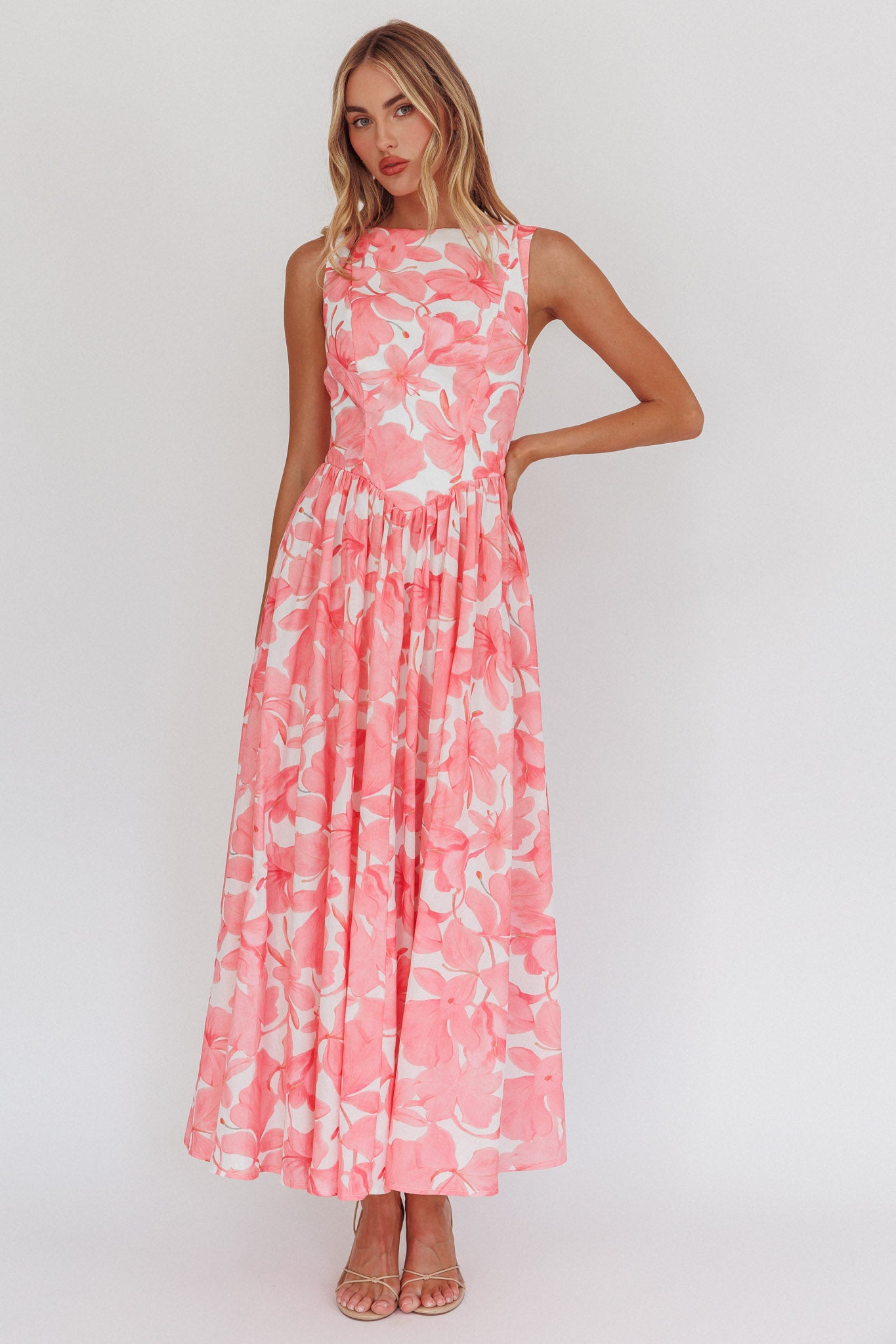 Opulent Low Back Maxi Dress Floral Pink by Selfie Leslie