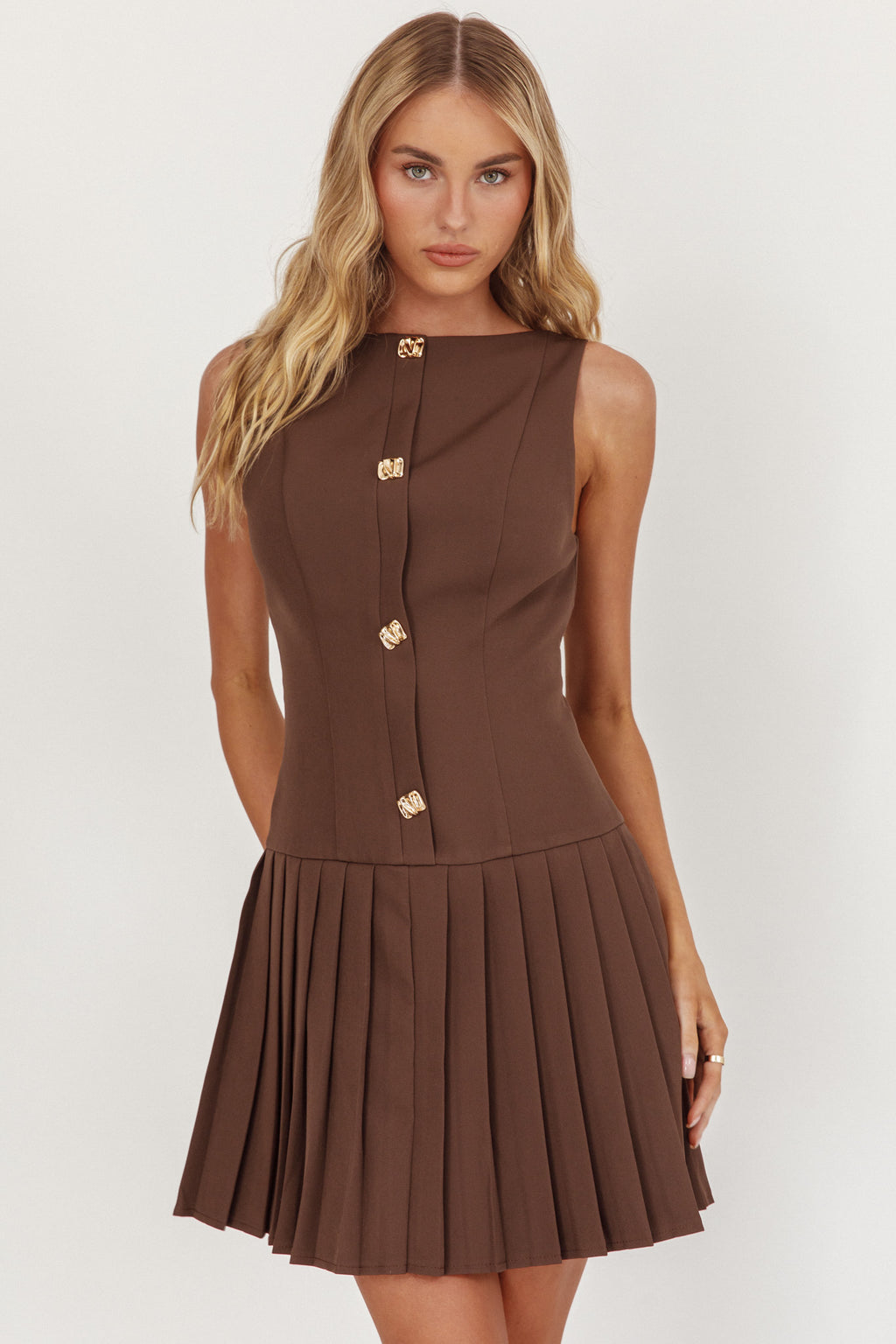 Opulent Pleat Skirt Button Mini Dress Coco by Selfie Leslie
