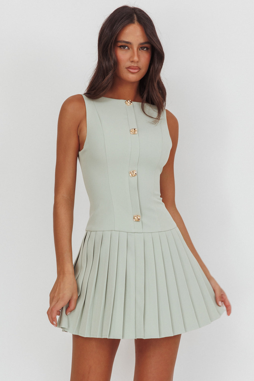 Opulent Pleat Skirt Button Mini Dress Sage by Selfie Leslie