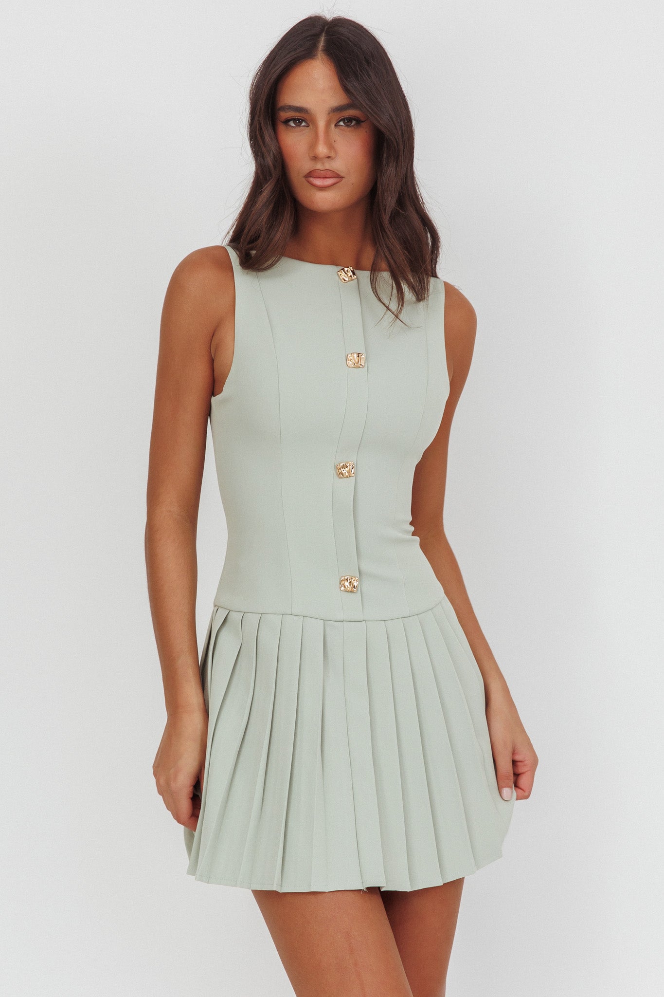 Opulent Pleat Skirt Button Mini Dress Sage by Selfie Leslie