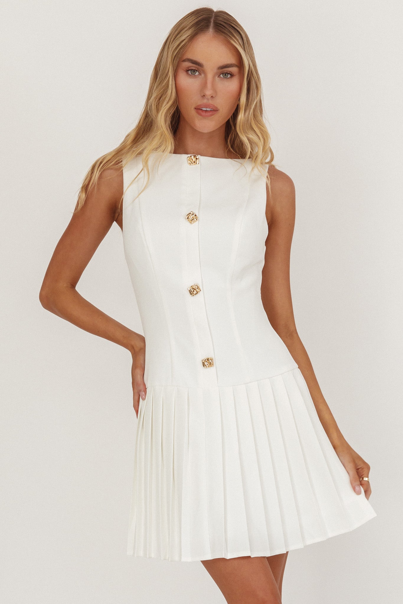 Opulent Pleat Skirt Button Mini Dress White by Selfie Leslie