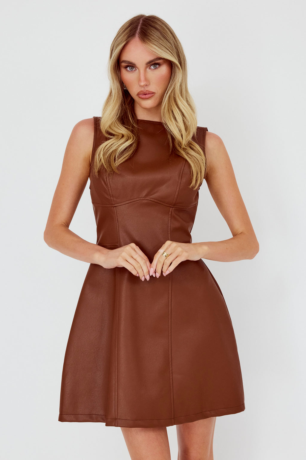 Opulent Sleeveless A-Line Mini Dress Faux Leather Brown by Selfie Leslie
