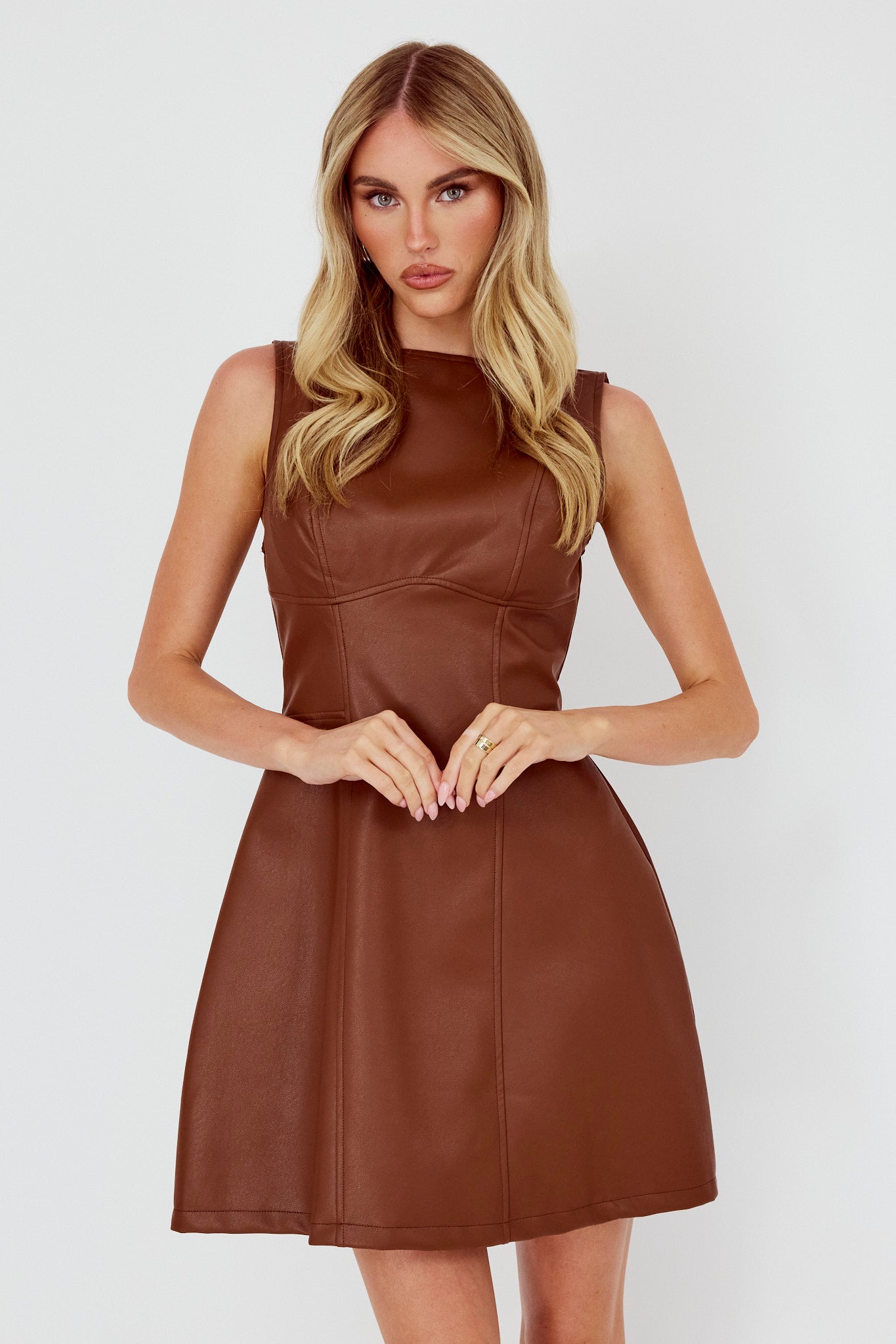 Opulent Sleeveless A-Line Mini Dress Faux Leather Brown by Selfie Leslie