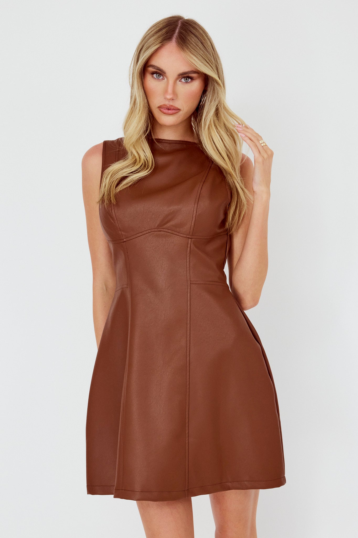 Opulent Sleeveless A-Line Mini Dress Faux Leather Brown by Selfie Leslie