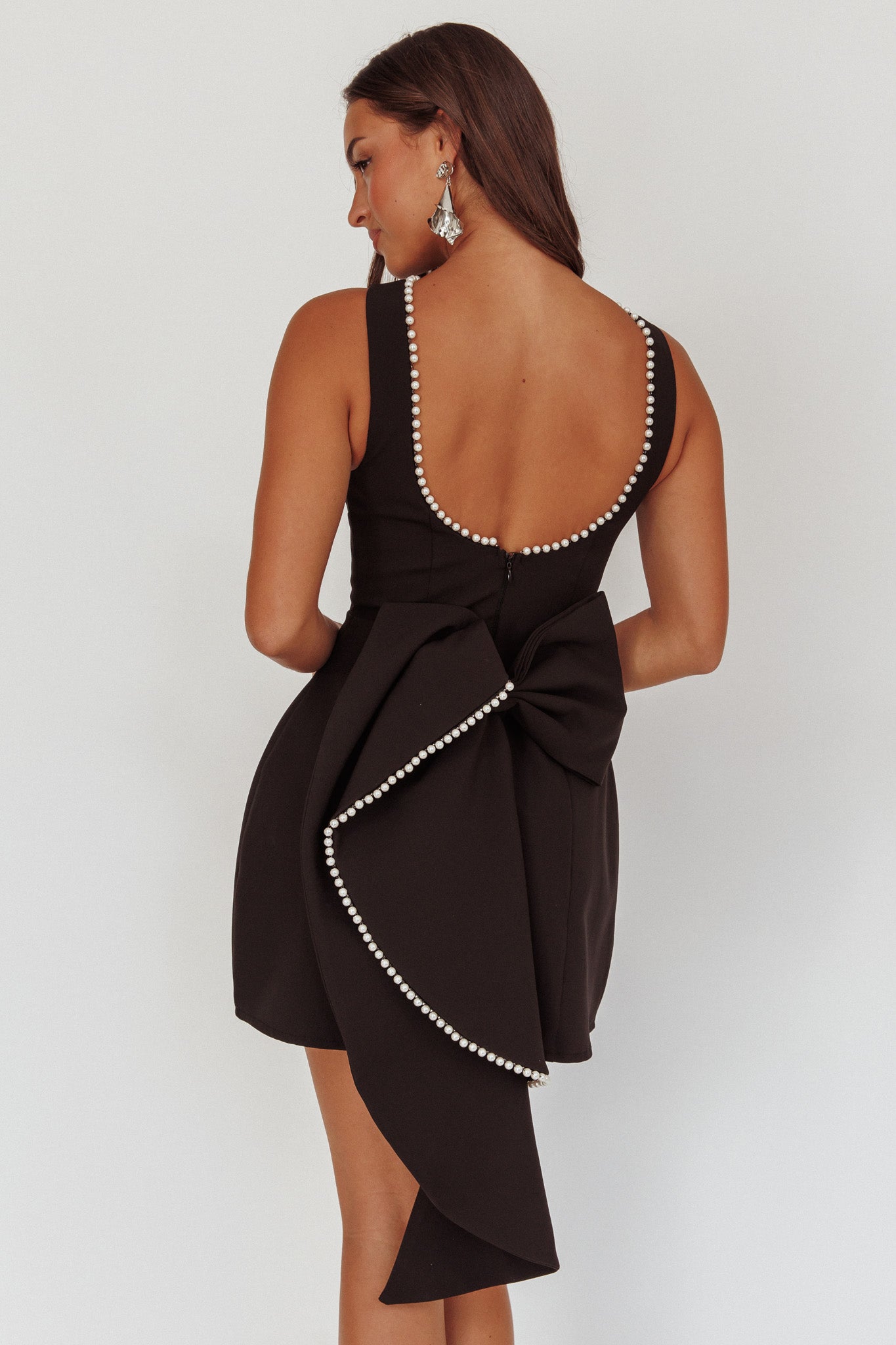 Opulent Pearl Trim Oversized Bow Mini Dress Black Opulent Pearl Trim Oversized Bow Mini Dress Black