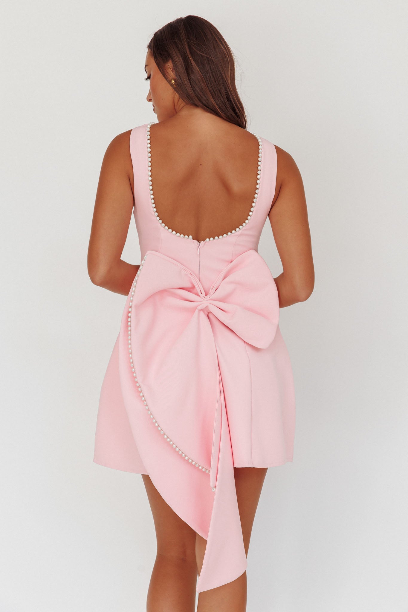 Shop the Opulent Pearl Trim Oversized Bow Mini Dress Pink