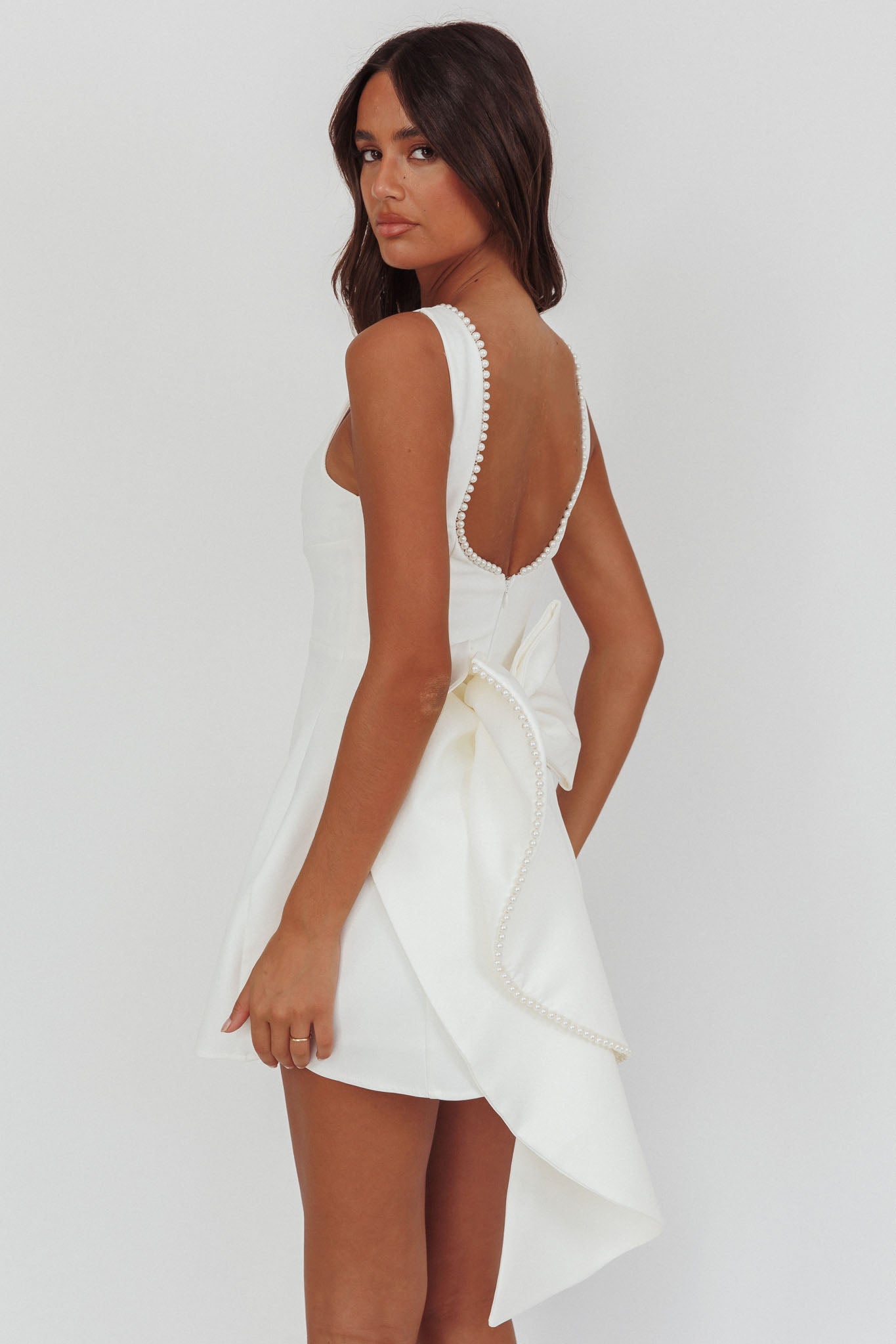 Opulent Pearl Trim Oversized Bow Mini Dress White Opulent Pearl Trim Oversized Bow Mini Dress White
