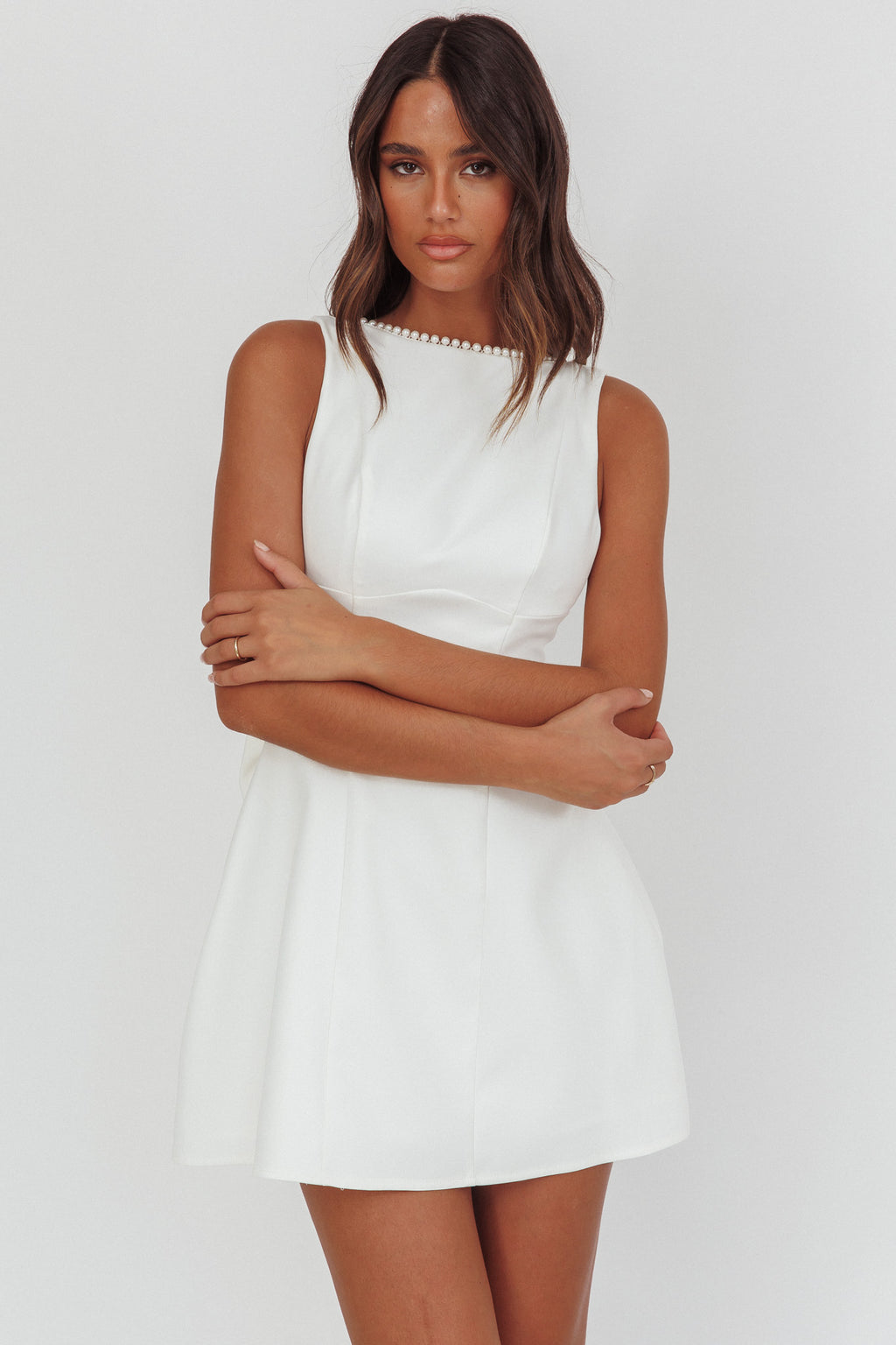 Opulent Pearl Trim Oversized Bow Mini Dress White Selfie Leslie Opulent Pearl Trim Oversized Bow Mini Dress White Selfie Leslie