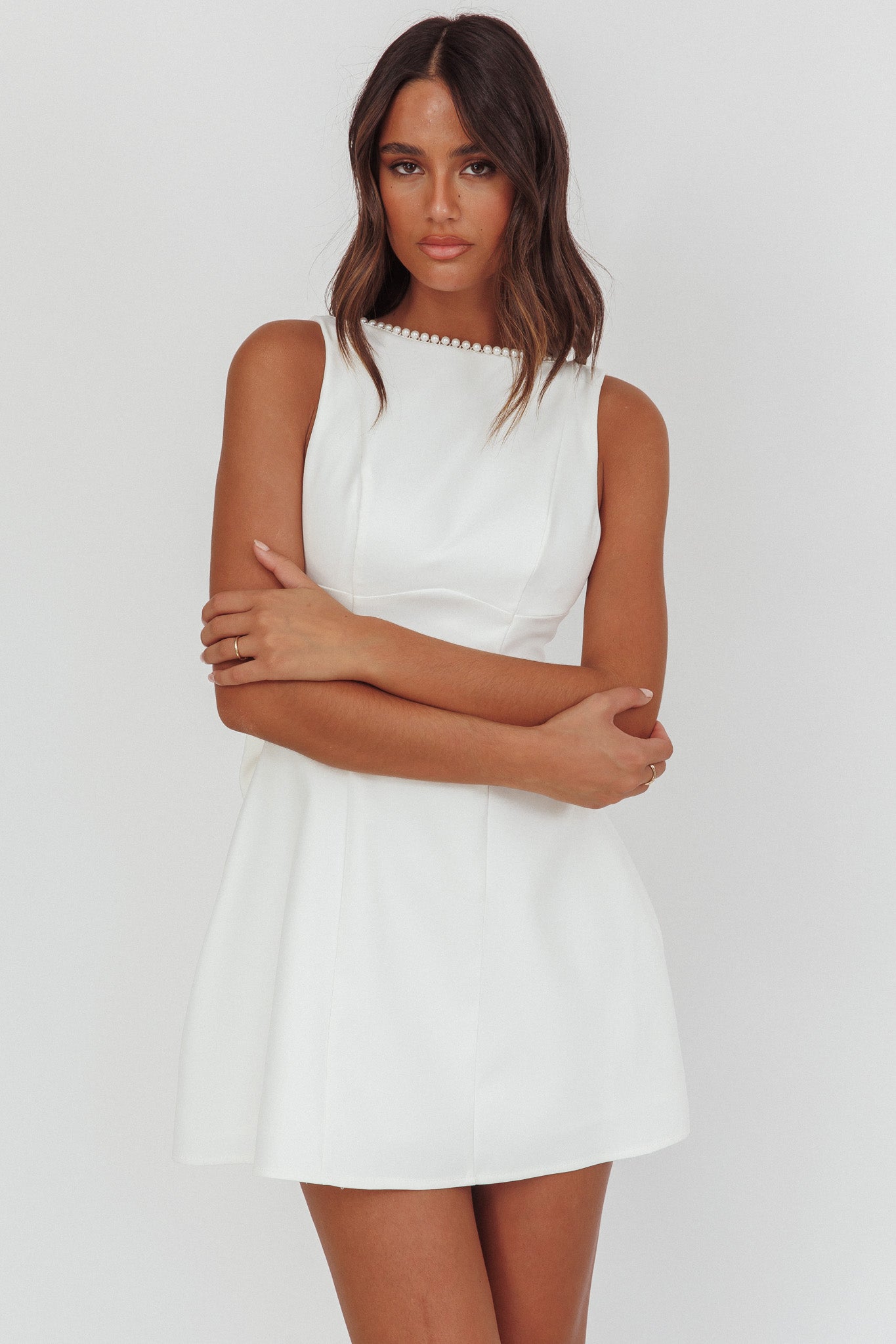 Opulent Pearl Trim Oversized Bow Mini Dress White | Selfie Leslie Opulent Pearl Trim Oversized Bow Mini Dress White | Selfie Leslie