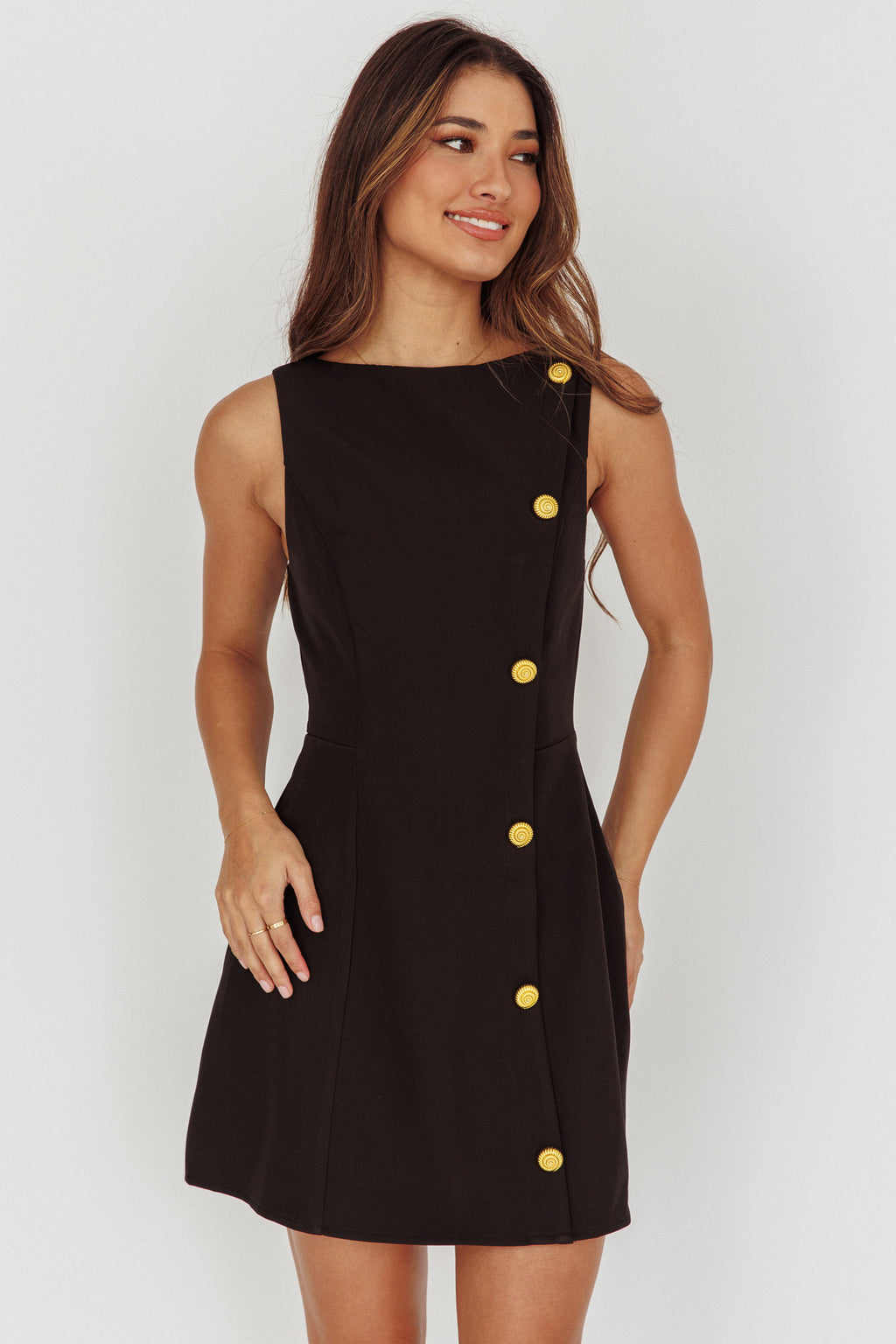 Opulent Button Front Mini Dress Black by Selfie Leslie
