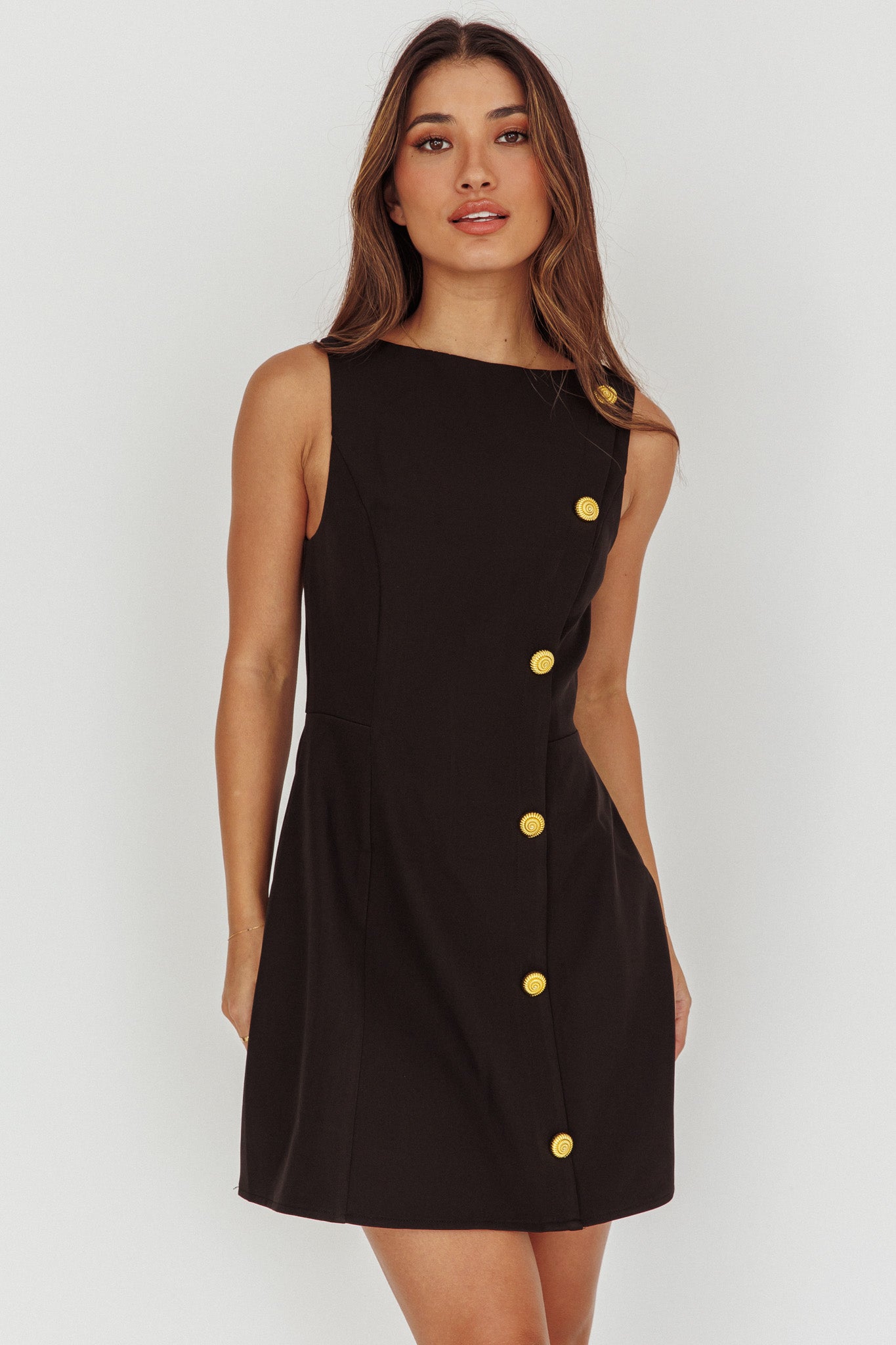 Opulent Button Front Mini Dress Black by Selfie Leslie