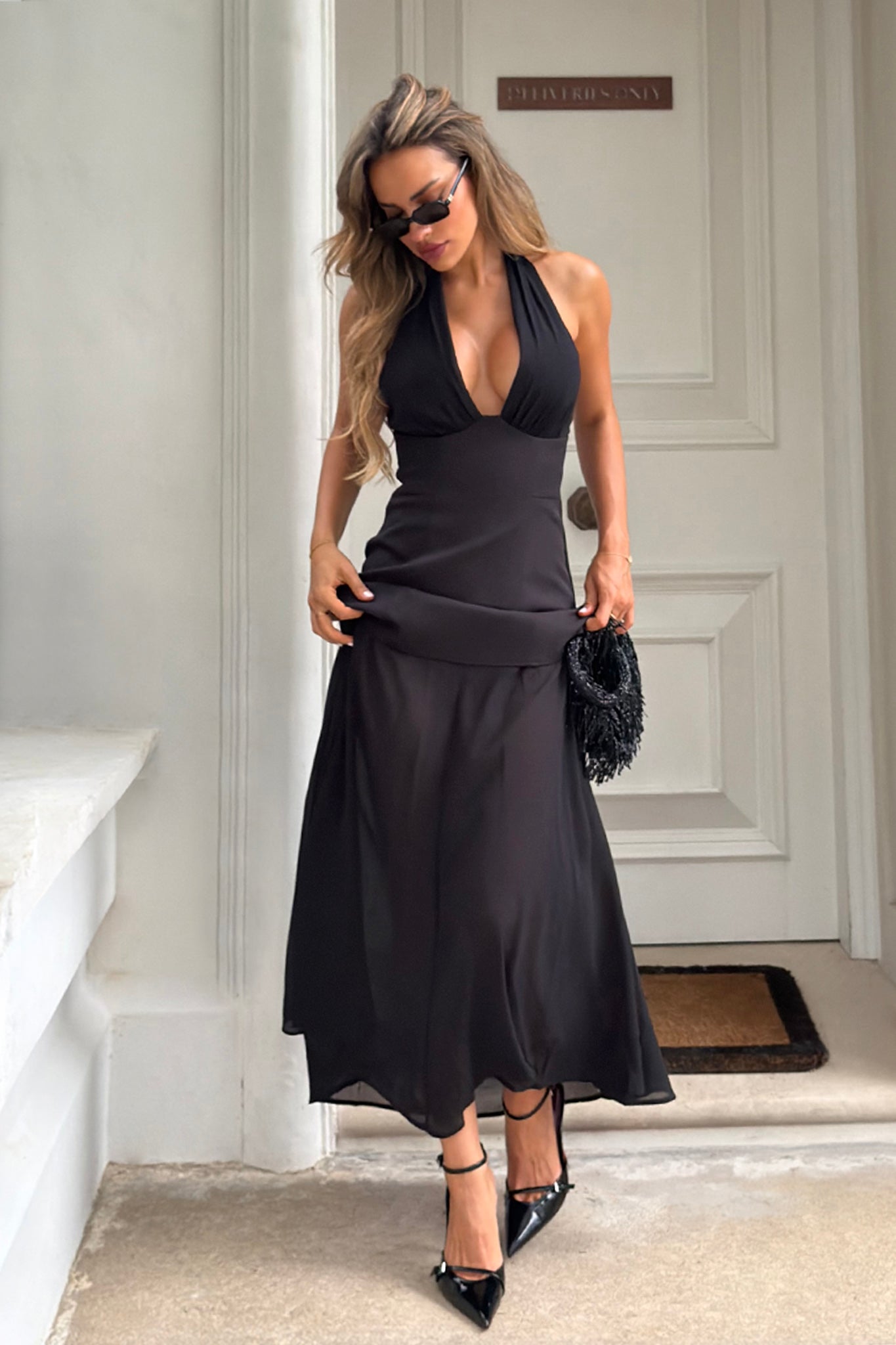 Opulent Halterneck Layered Maxi Dress Black