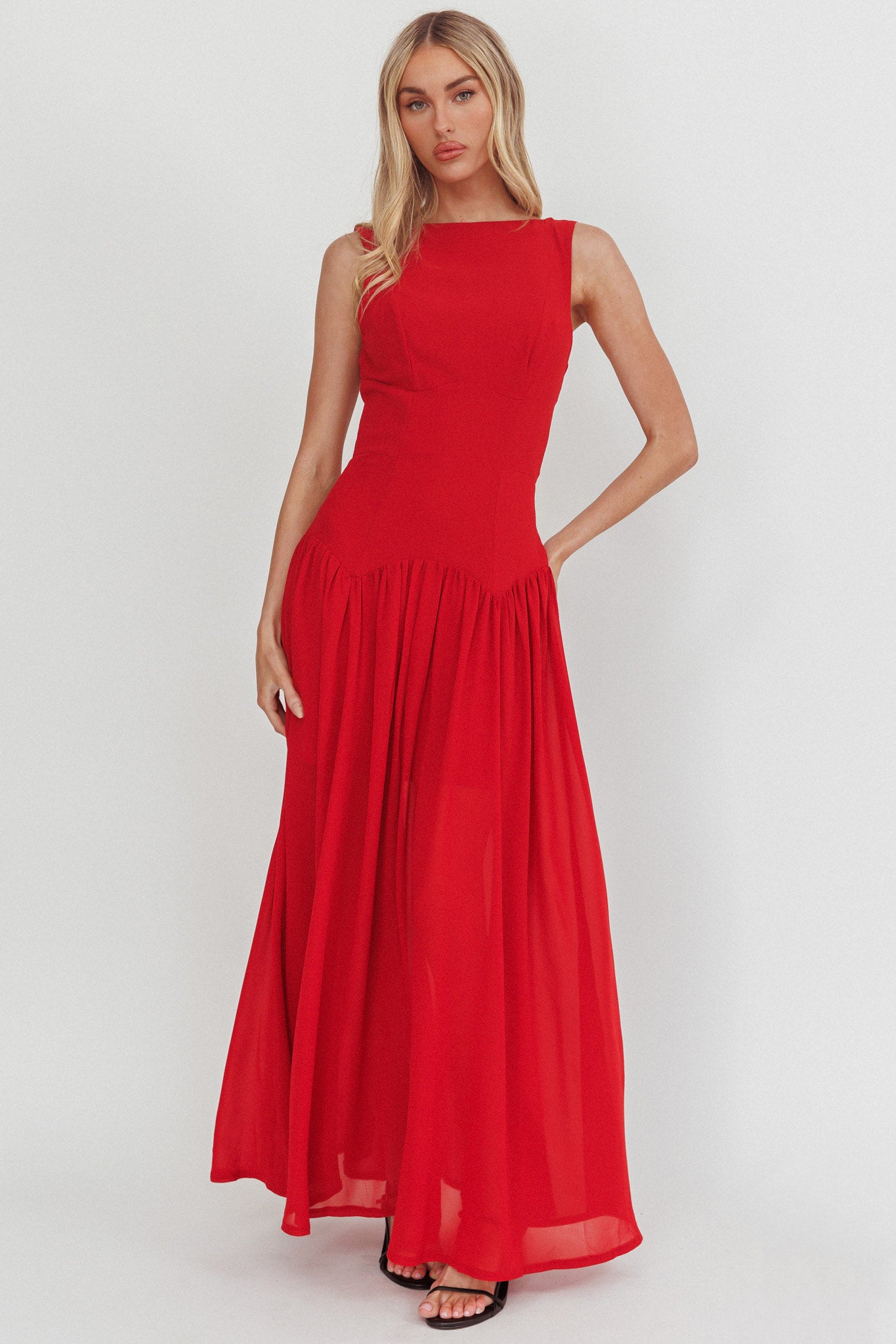 Opulent Low Back Maxi Dress Red by Selfie Leslie