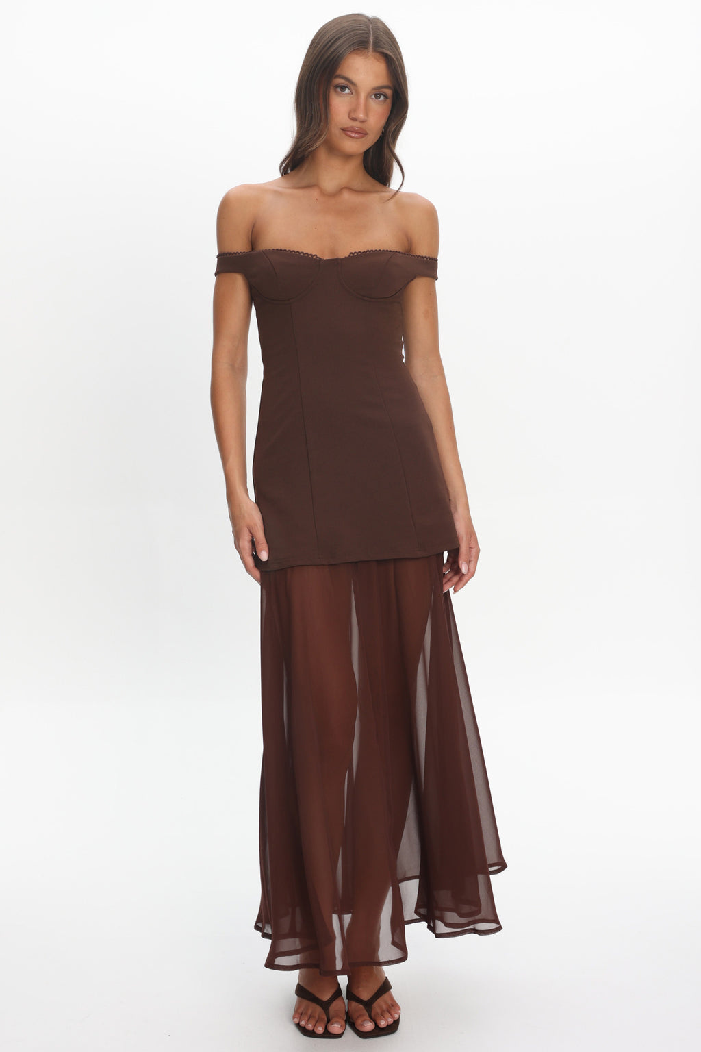 Opulent Off-Shoulder Sheer Hem Maxi Dress Chocolate
