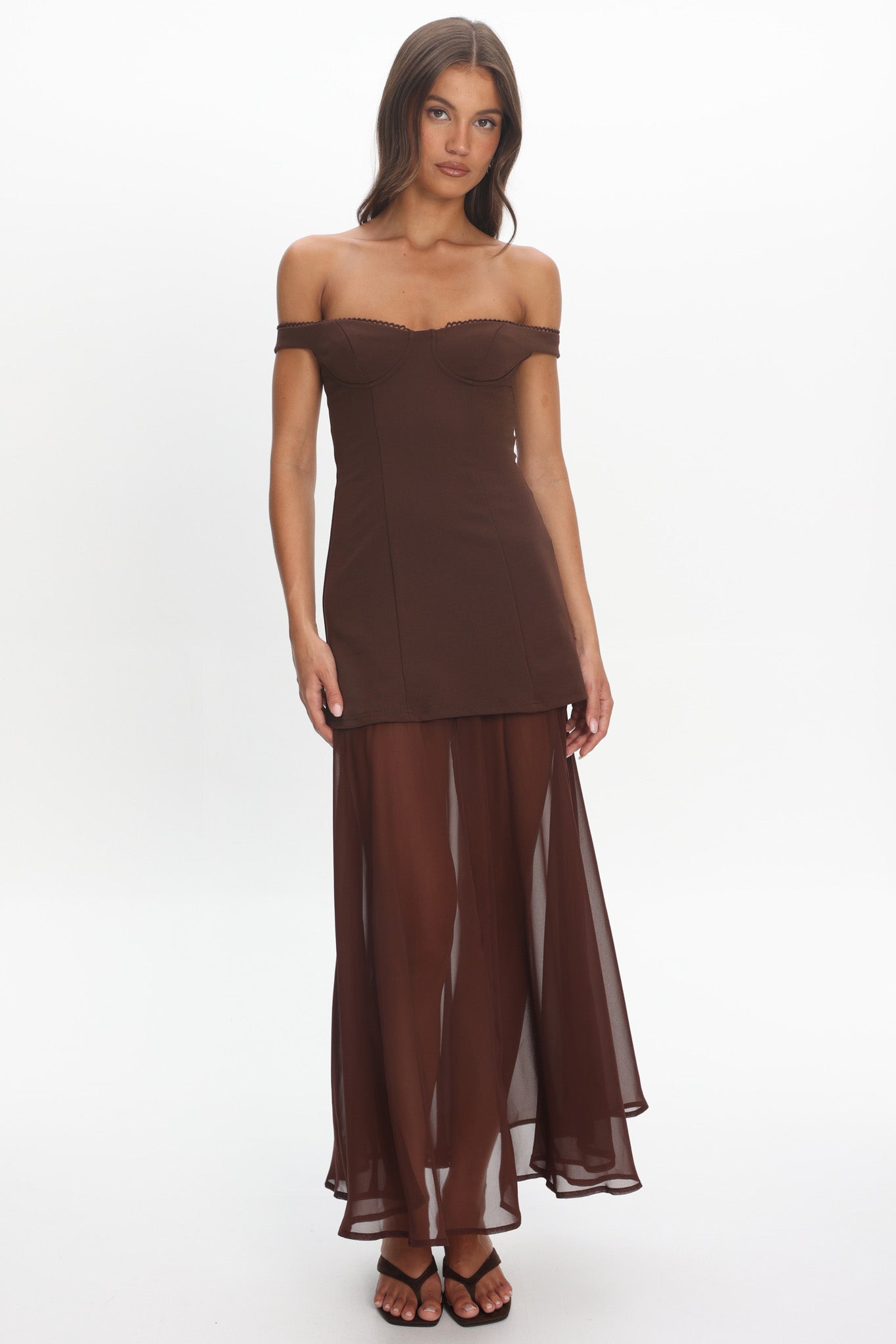 off shoulder sheer dress Opulent Off-Shoulder Sheer Hem Maxi Dress Chocolate