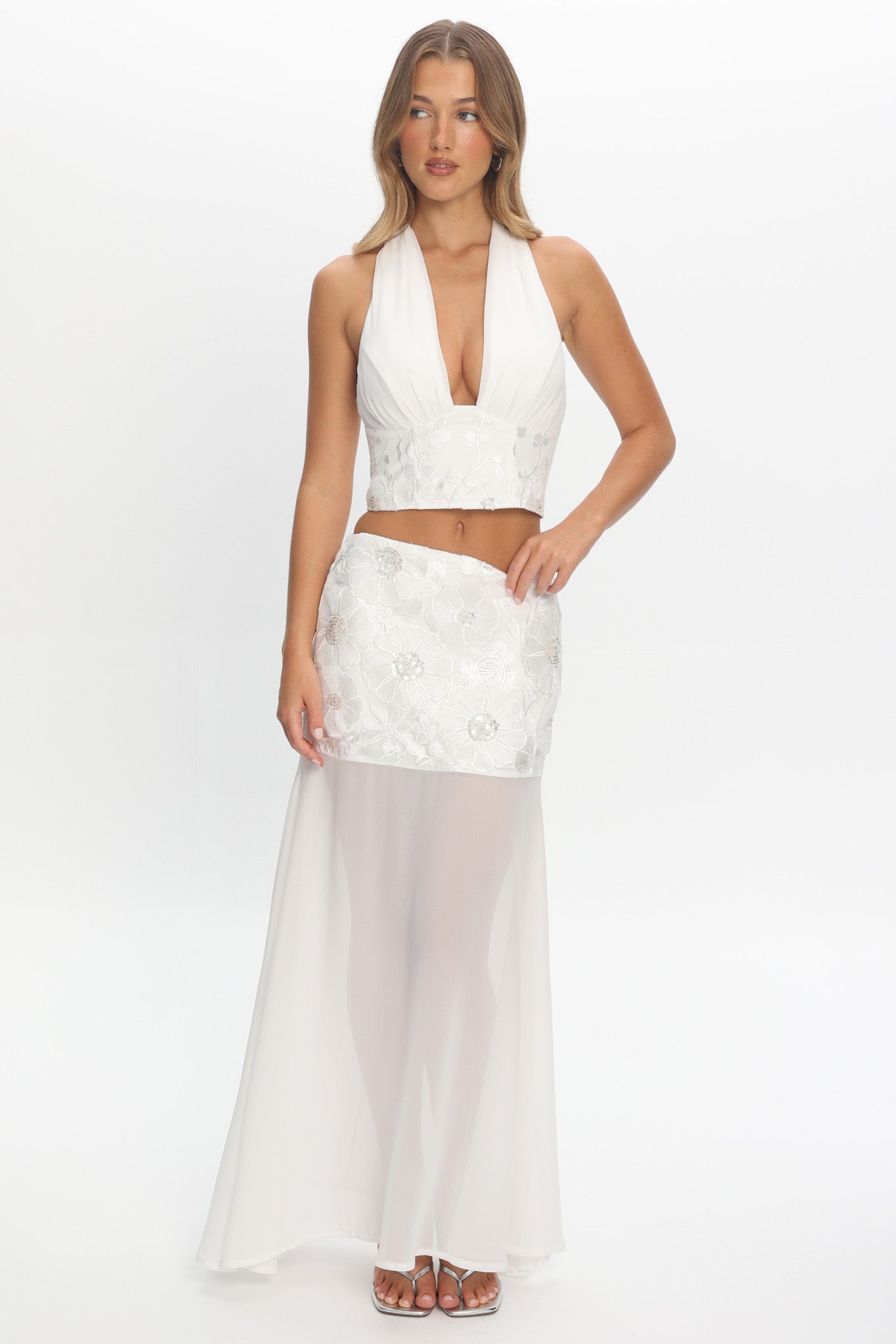 Opulent Sheer Hem Maxi Skirt Embroidered Off White | Selfie Leslie