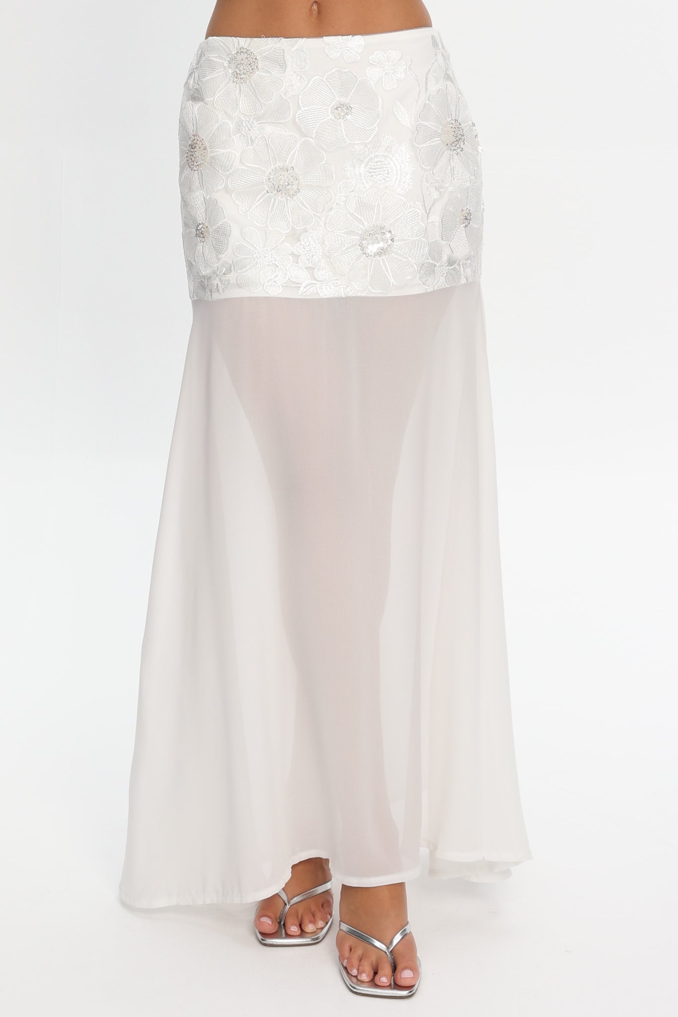 Opulent Sheer Hem Maxi Skirt Embroidered Off White | Selfie Leslie