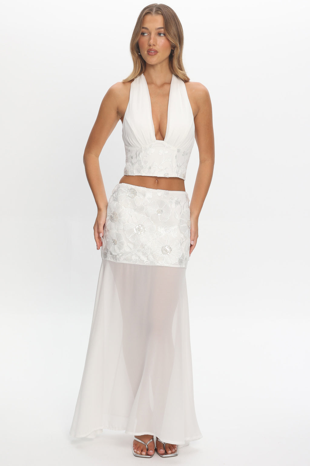 Opulent Sheer Hem Maxi Skirt Embroidered Off White