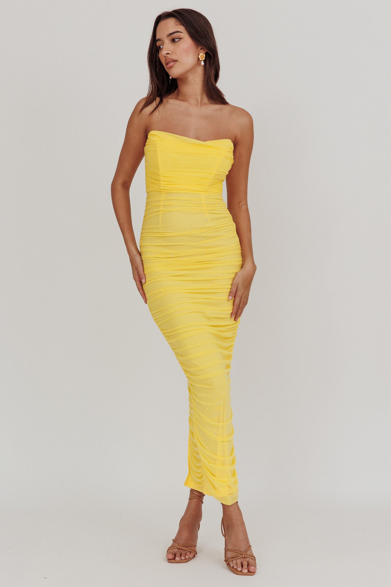 Midwest Strapless Gathered Mesh Maxi Dress Lemon by Selfie Leslie