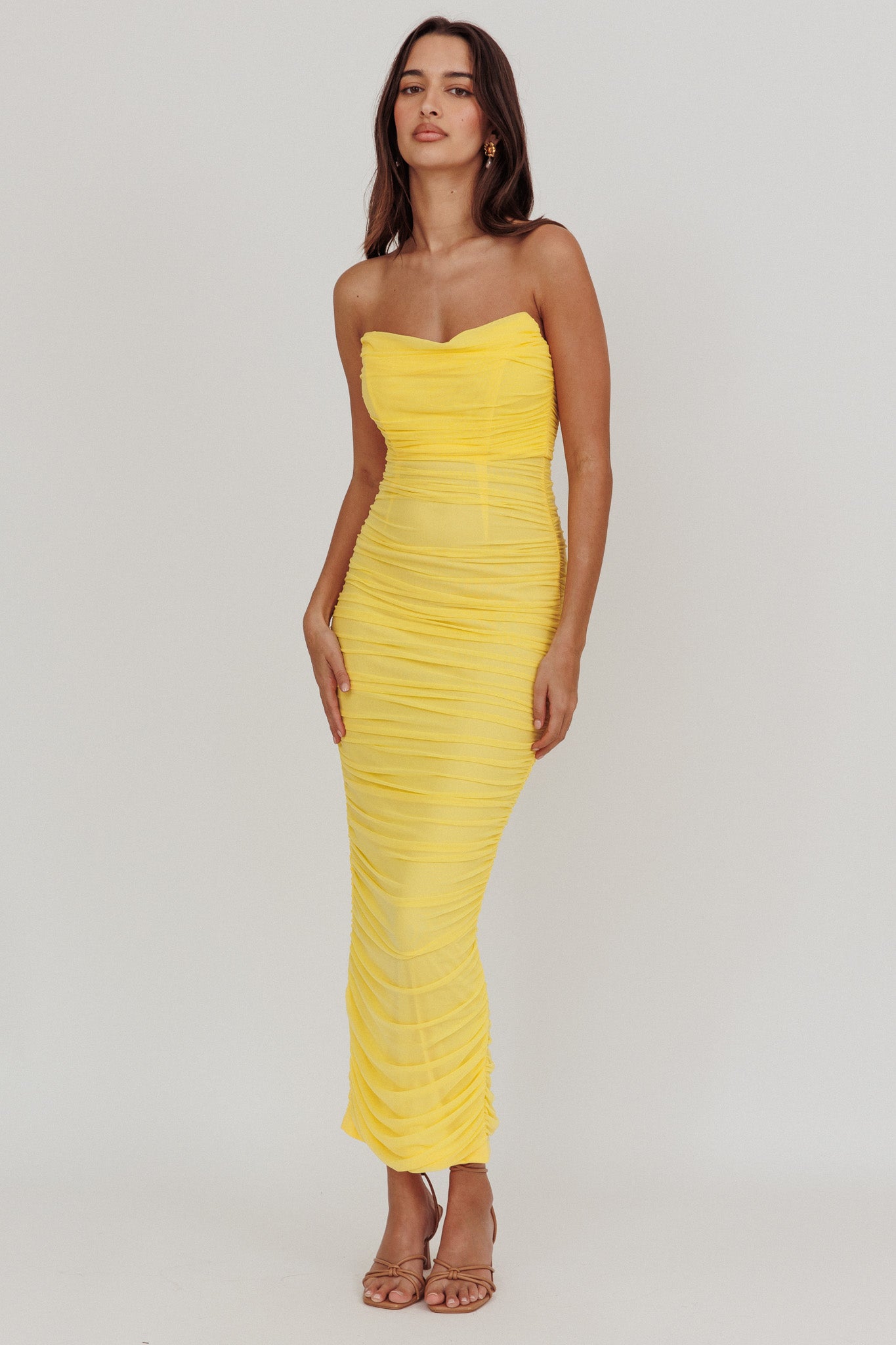 Midwest Strapless Gathered Mesh Maxi Dress Lemon by Selfie Leslie