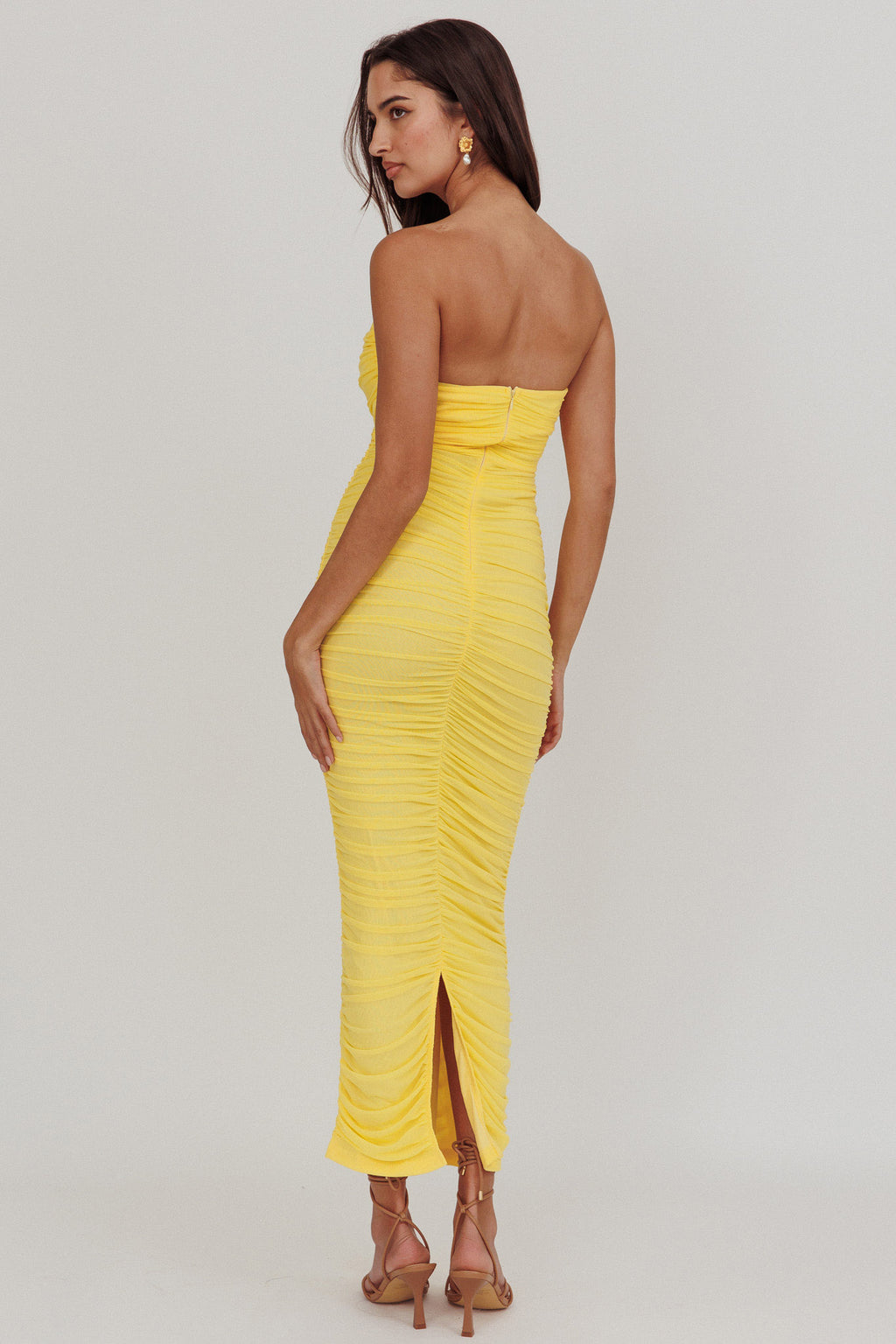 Midwest Strapless Gathered Mesh Maxi Dress Lemon by Selfie Leslie