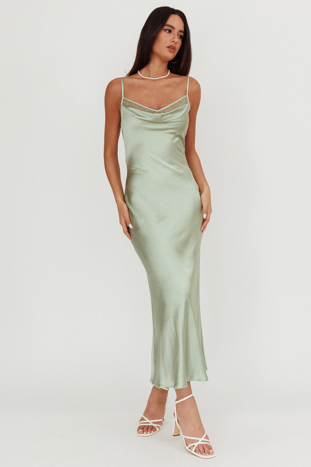 Gentle Touch Cowl Neck Satin Maxi Dress Sage by Selfie Leslie