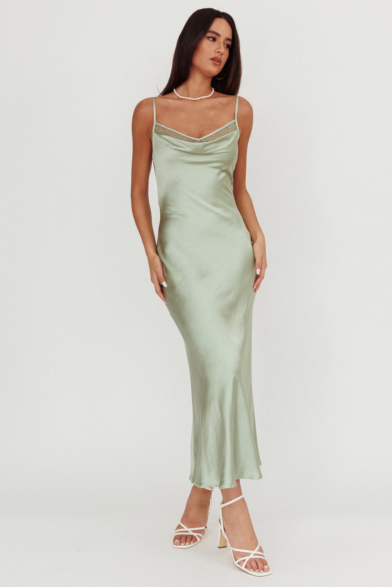 Gentle Touch Cowl Neck Satin Maxi Dress Sage by Selfie Leslie
