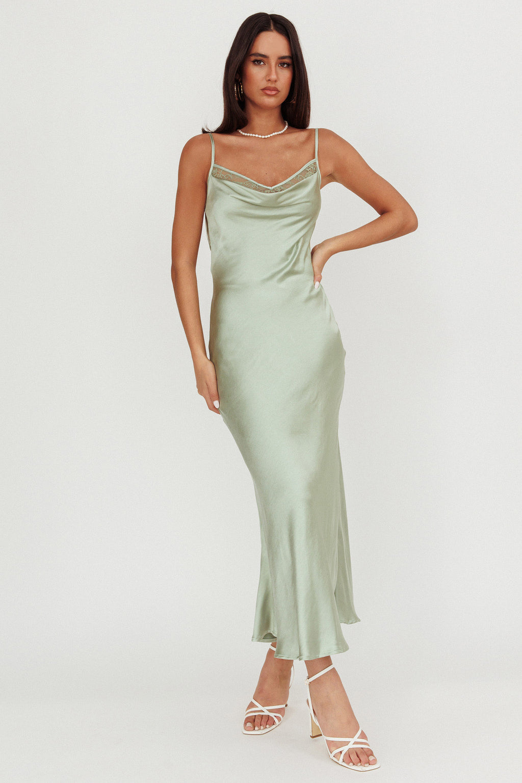Gentle Touch Cowl Neck Satin Maxi Dress Sage by Selfie Leslie