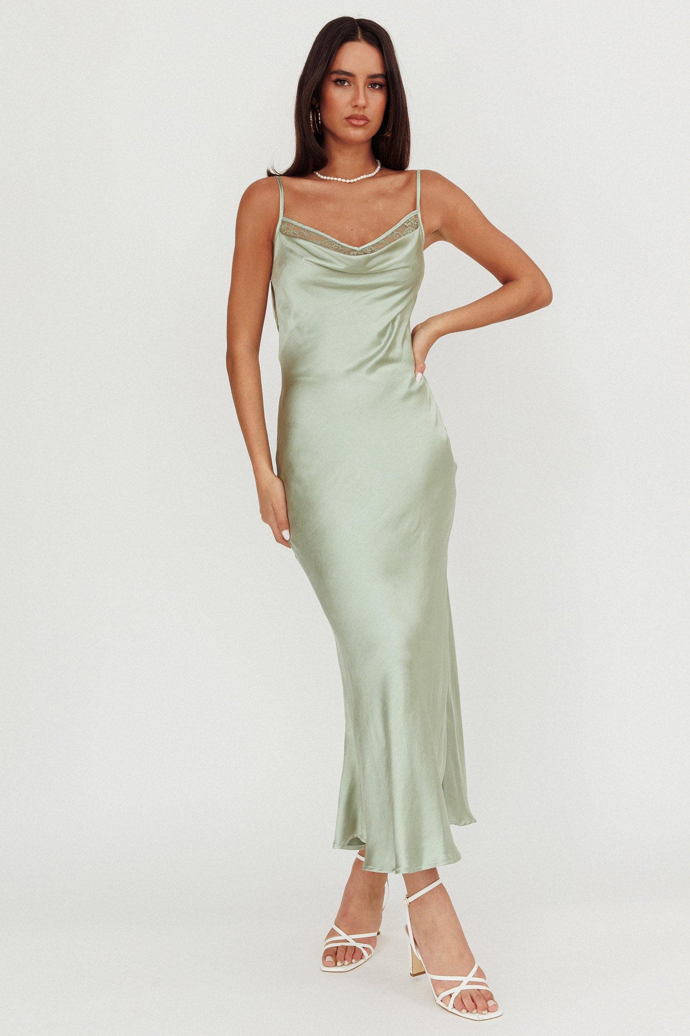 Gentle Touch Cowl Neck Satin Maxi Dress Sage by Selfie Leslie
