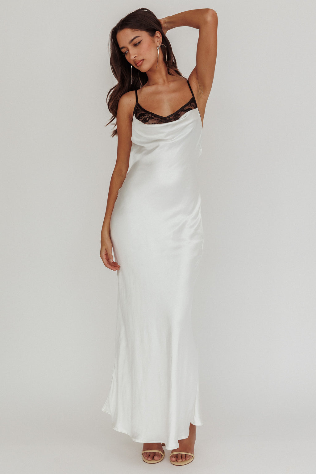 Gentle Touch Cowl Neck Satin Maxi Dress White by Selfie Leslie
