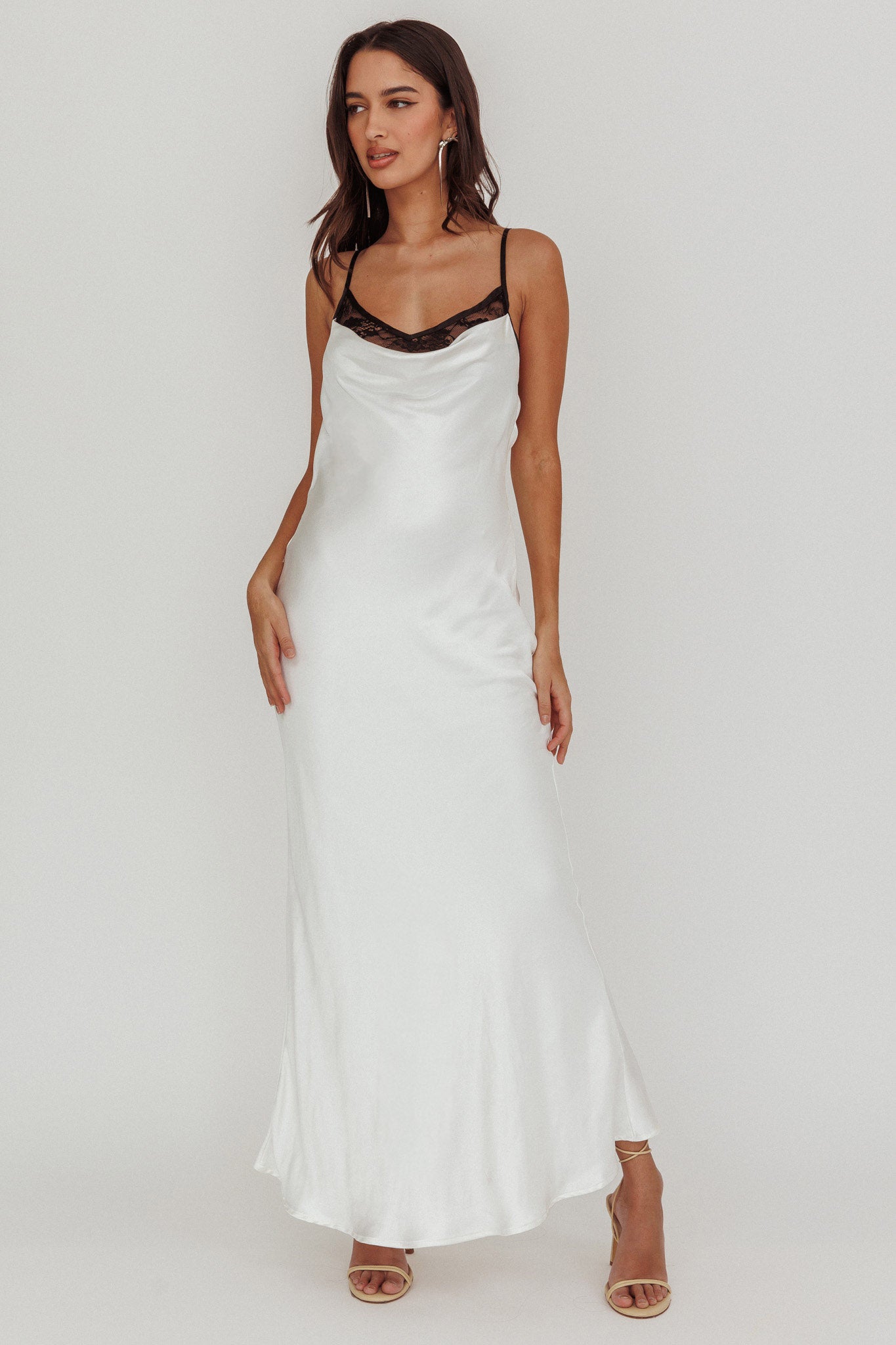 Gentle Touch Cowl Neck Satin Maxi Dress White by Selfie Leslie