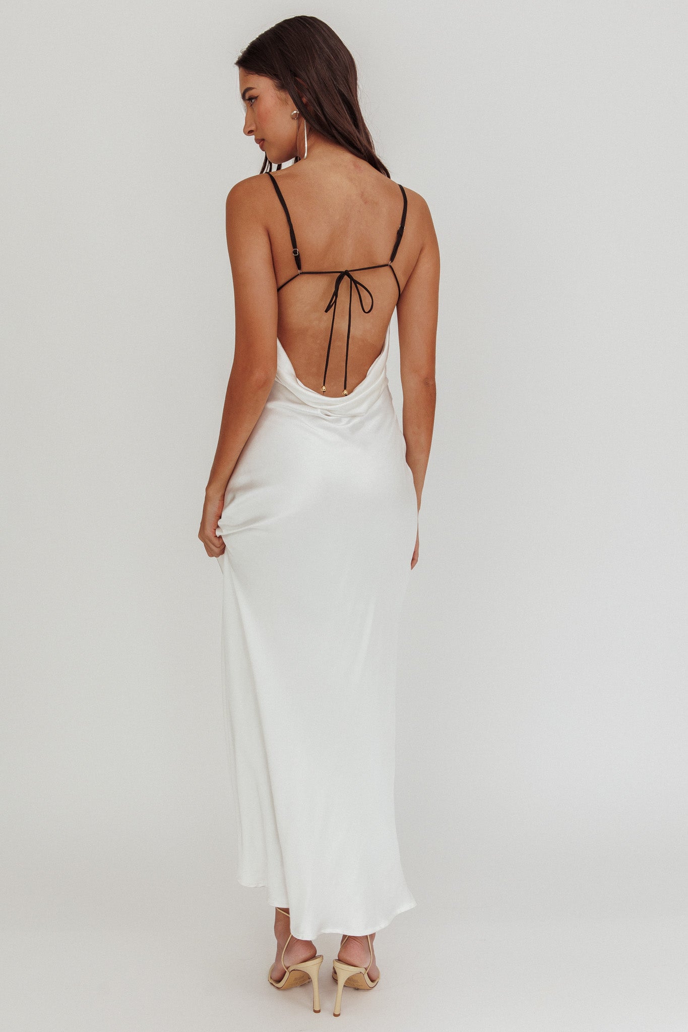 Gentle Touch Cowl Neck Satin Maxi Dress White by Selfie Leslie