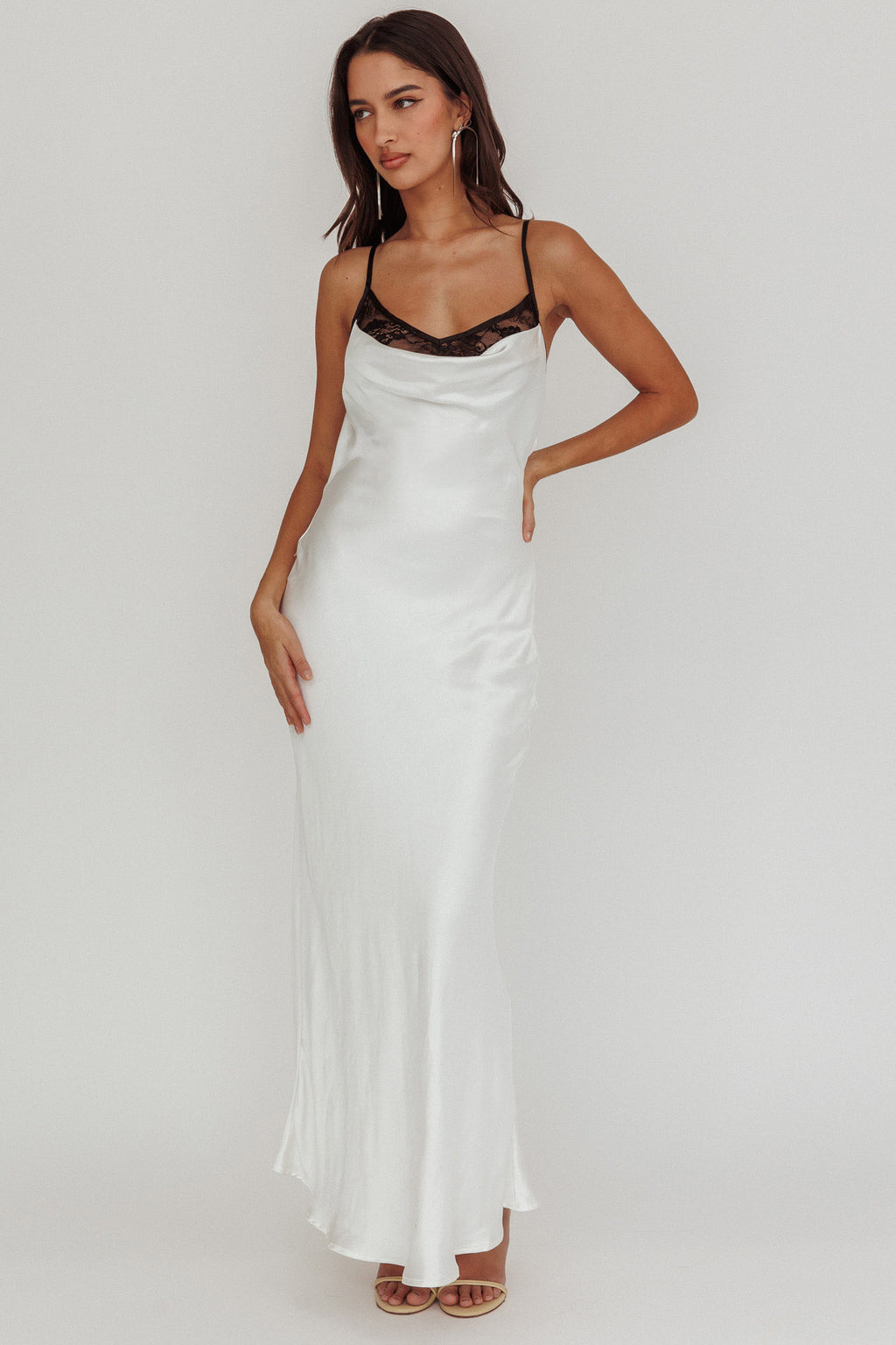 Gentle Touch Cowl Neck Satin Maxi Dress White by Selfie Leslie