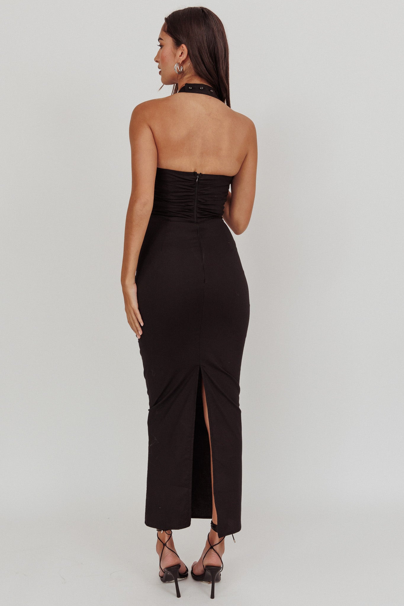 Scout Halterneck Ruched Maxi Dress Black– Selfie Leslie