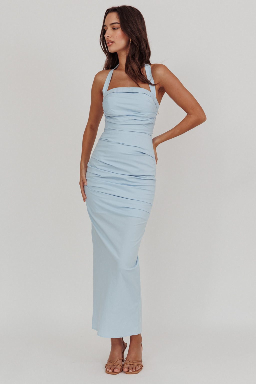 Scout Halterneck Ruched Maxi Dress Blue by Selfie Leslie
