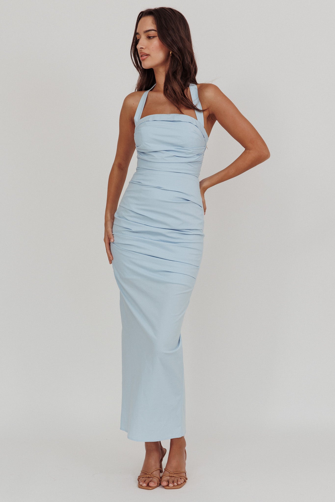 Scout Halterneck Ruched Maxi Dress Blue by Selfie Leslie